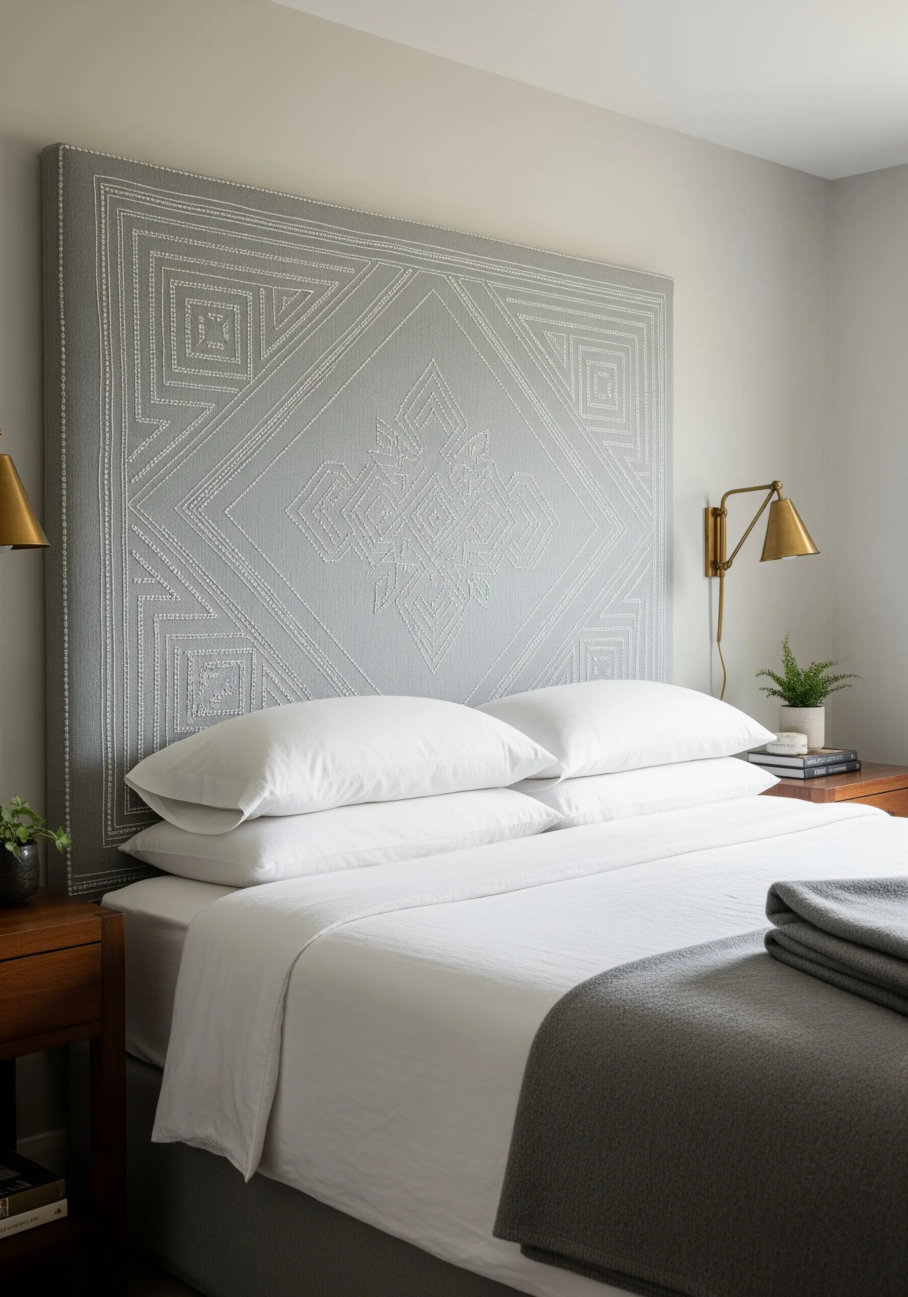 Grey fabric headboard with white geometric line embroidery