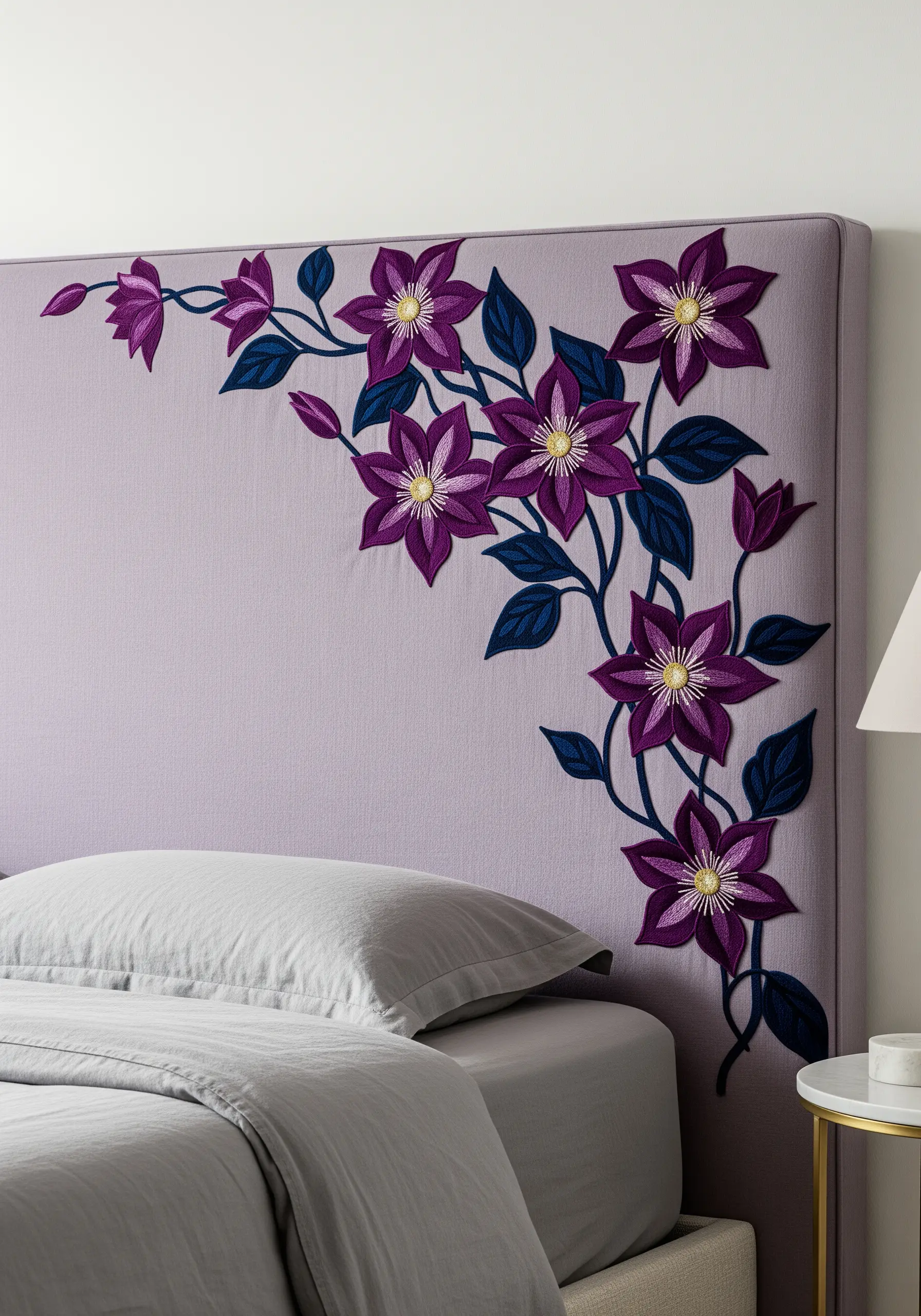 Embroidered clematis vines climbing the corner of a lilac upholstered headboard.