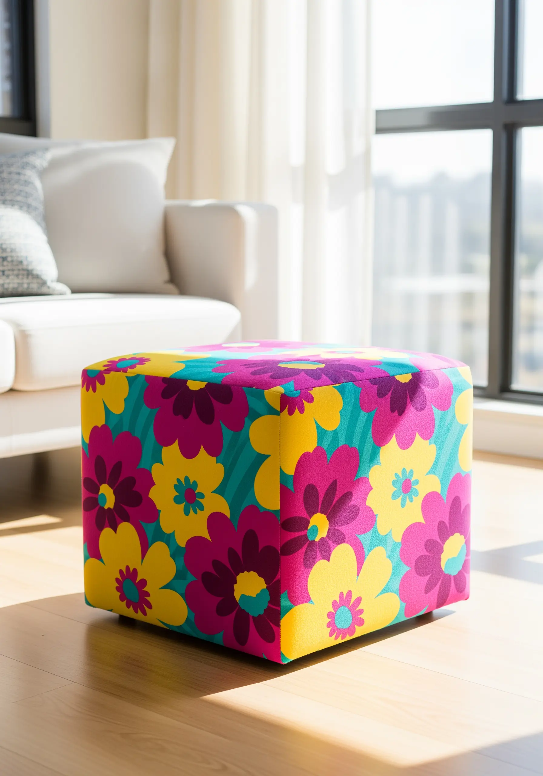 A cube-shaped ottoman upholstered in a bright, graphic floral fabric.