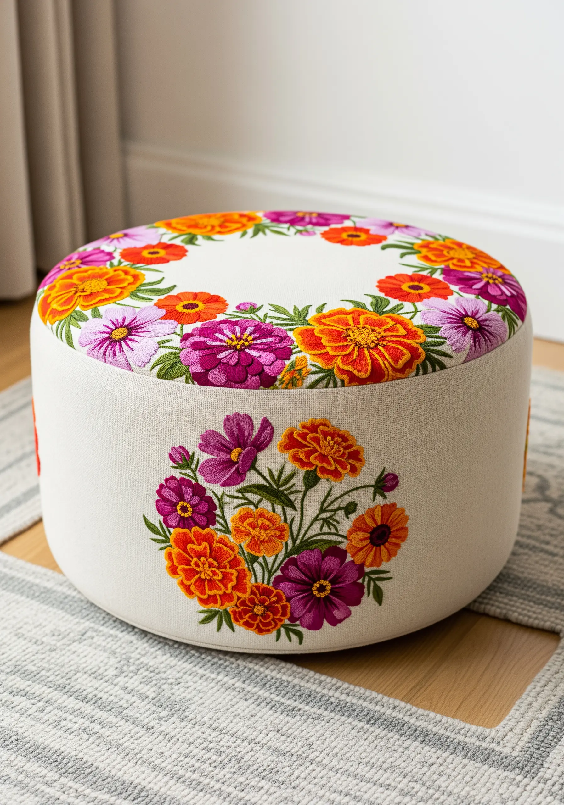 An upholstered ottoman with a vibrant, embroidered border of zinnias and cosmos flowers.