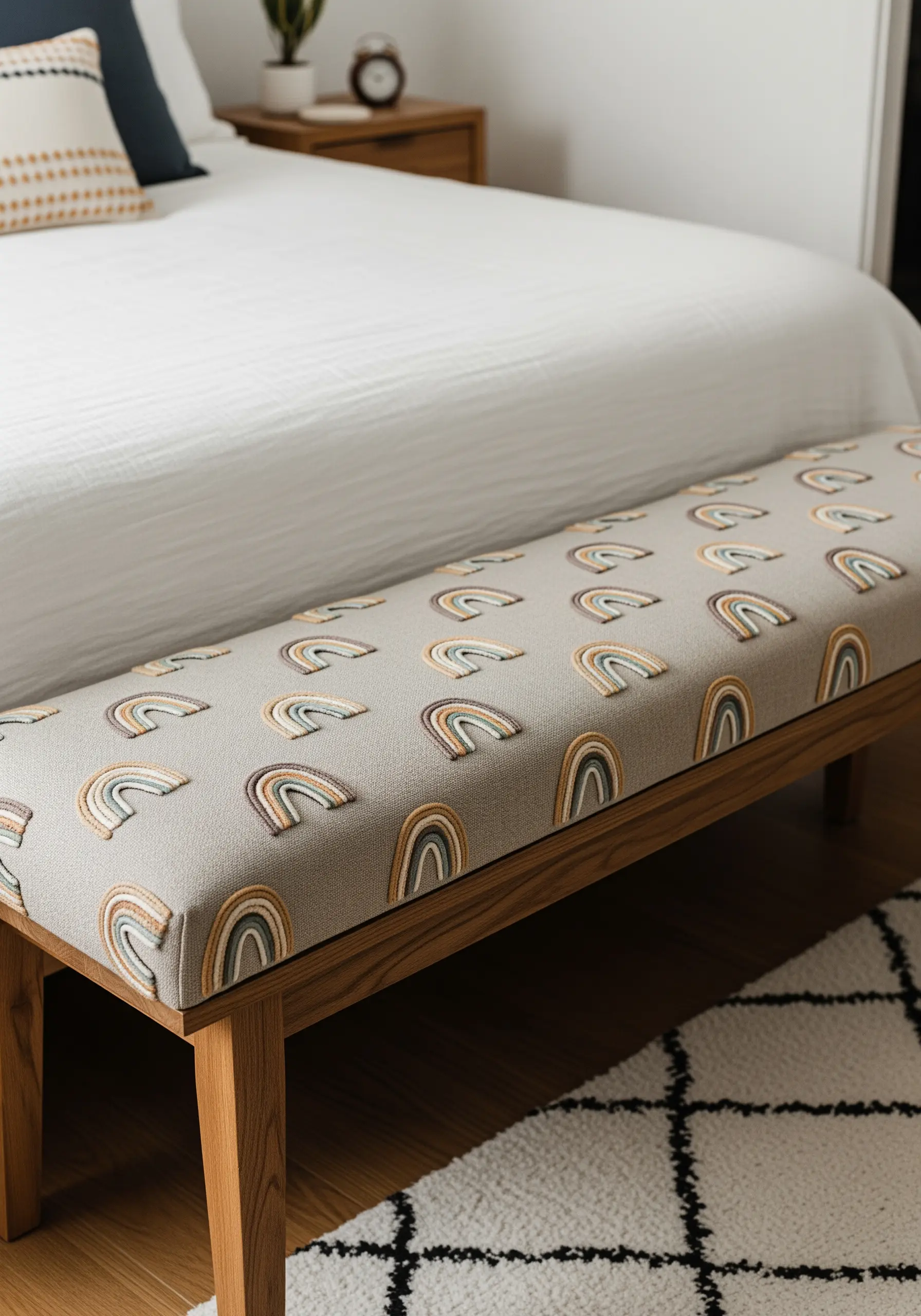 A grey upholstered bench with a repeating pattern of small, embroidered rainbows in muted earth tones.