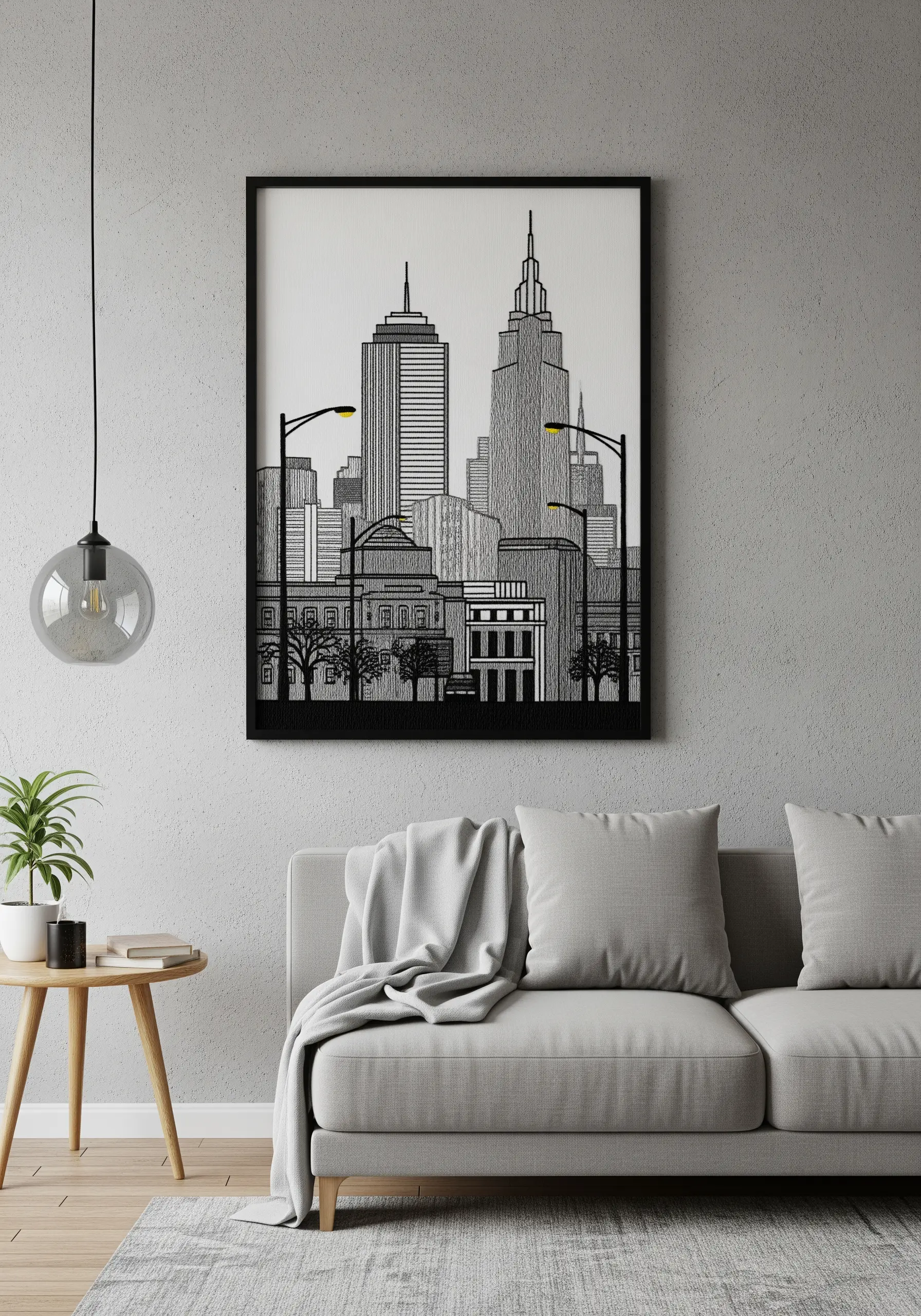 A framed black-and-white line art embroidery of a city skyline with yellow accents.