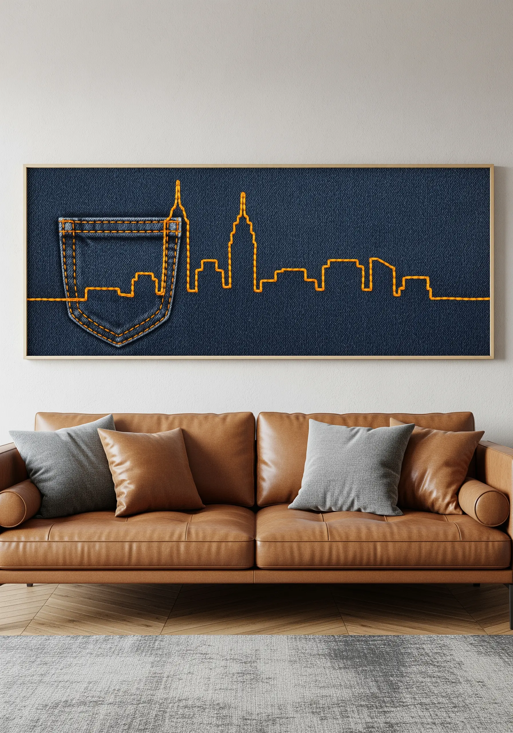 A cityscape skyline stitched in gold thread on a dark blue denim canvas.