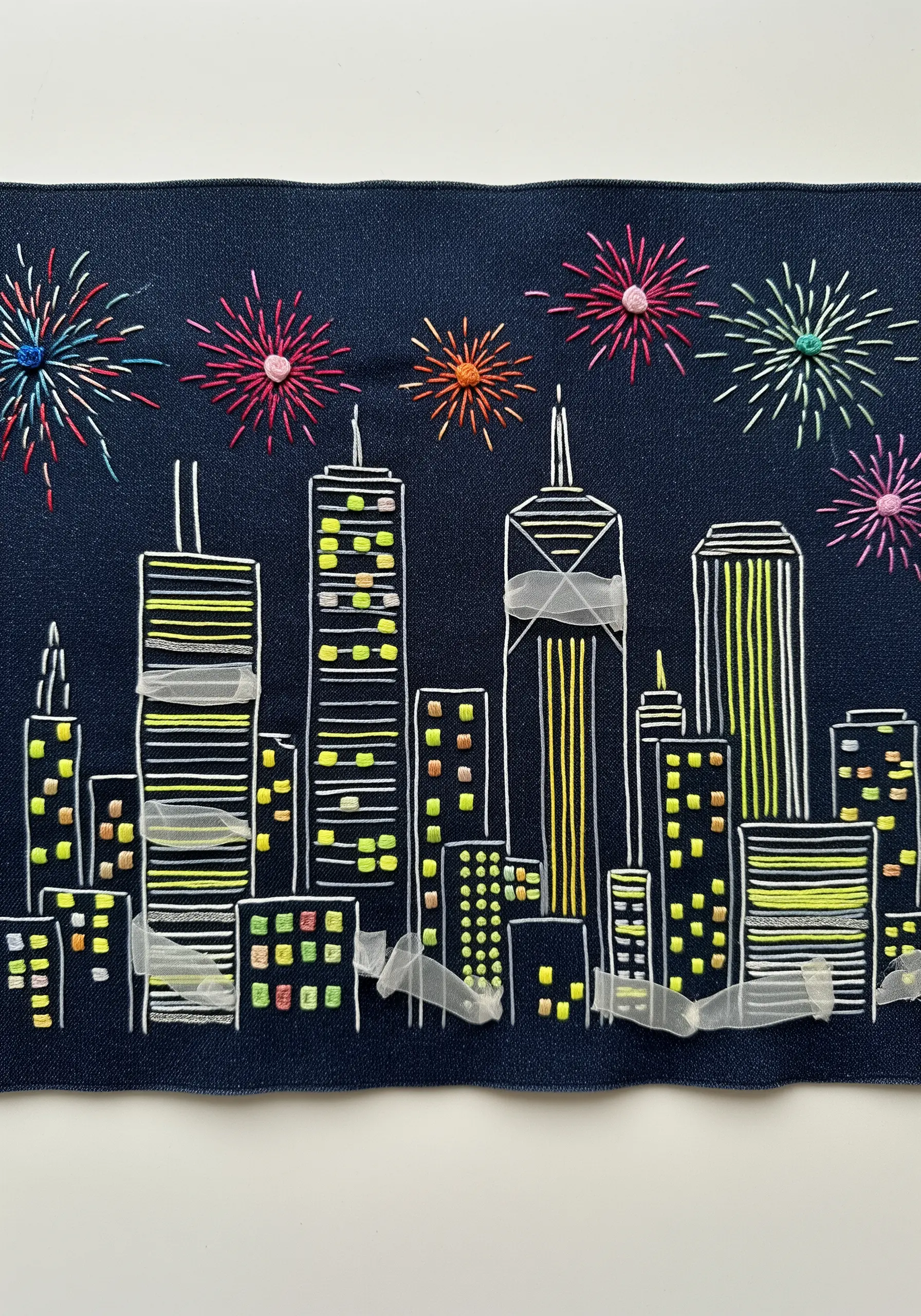 An embroidered cityscape at night with sheer organza ribbon used for clouds or smoke.