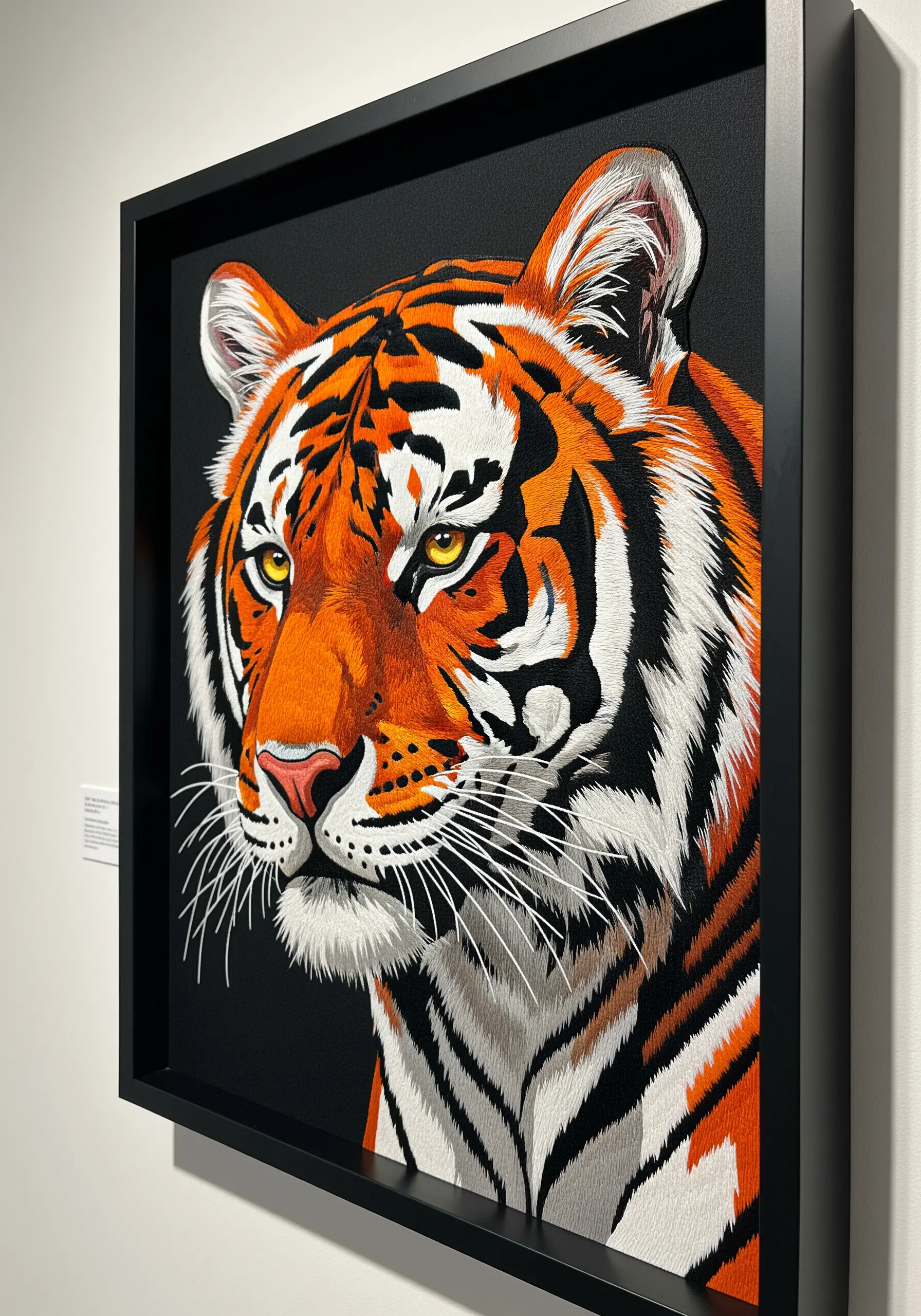 A realistic tiger portrait embroidered on a black background, highlighting its vibrant orange stripes.