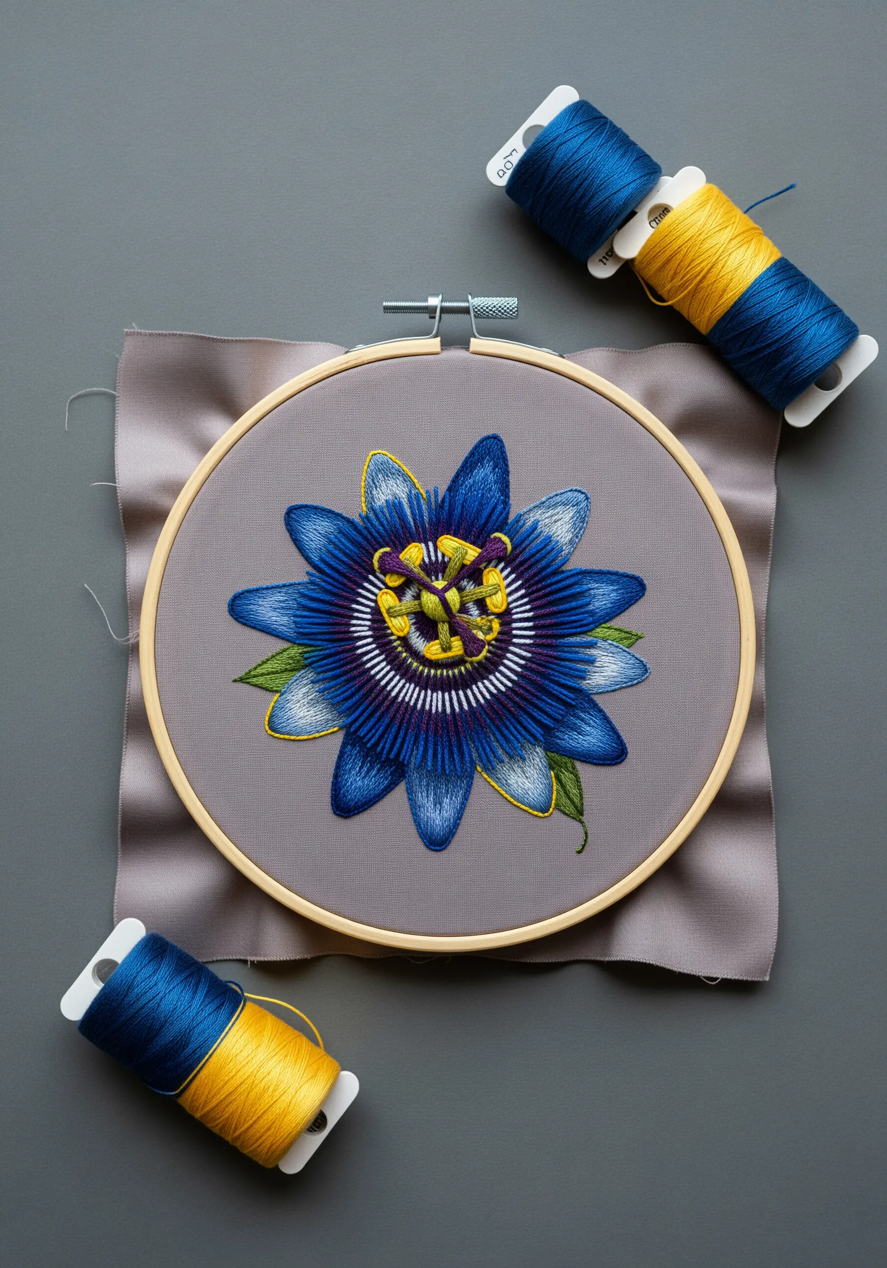 A vibrant blue and yellow passion flower embroidered on a cool grey fabric.