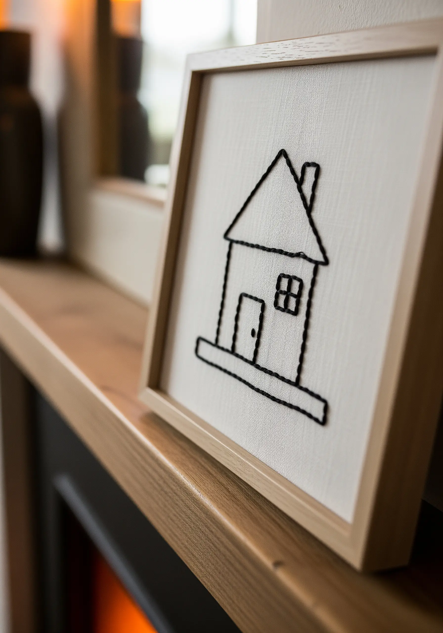 A simple outline of a house embroidered with thick black thread and framed.