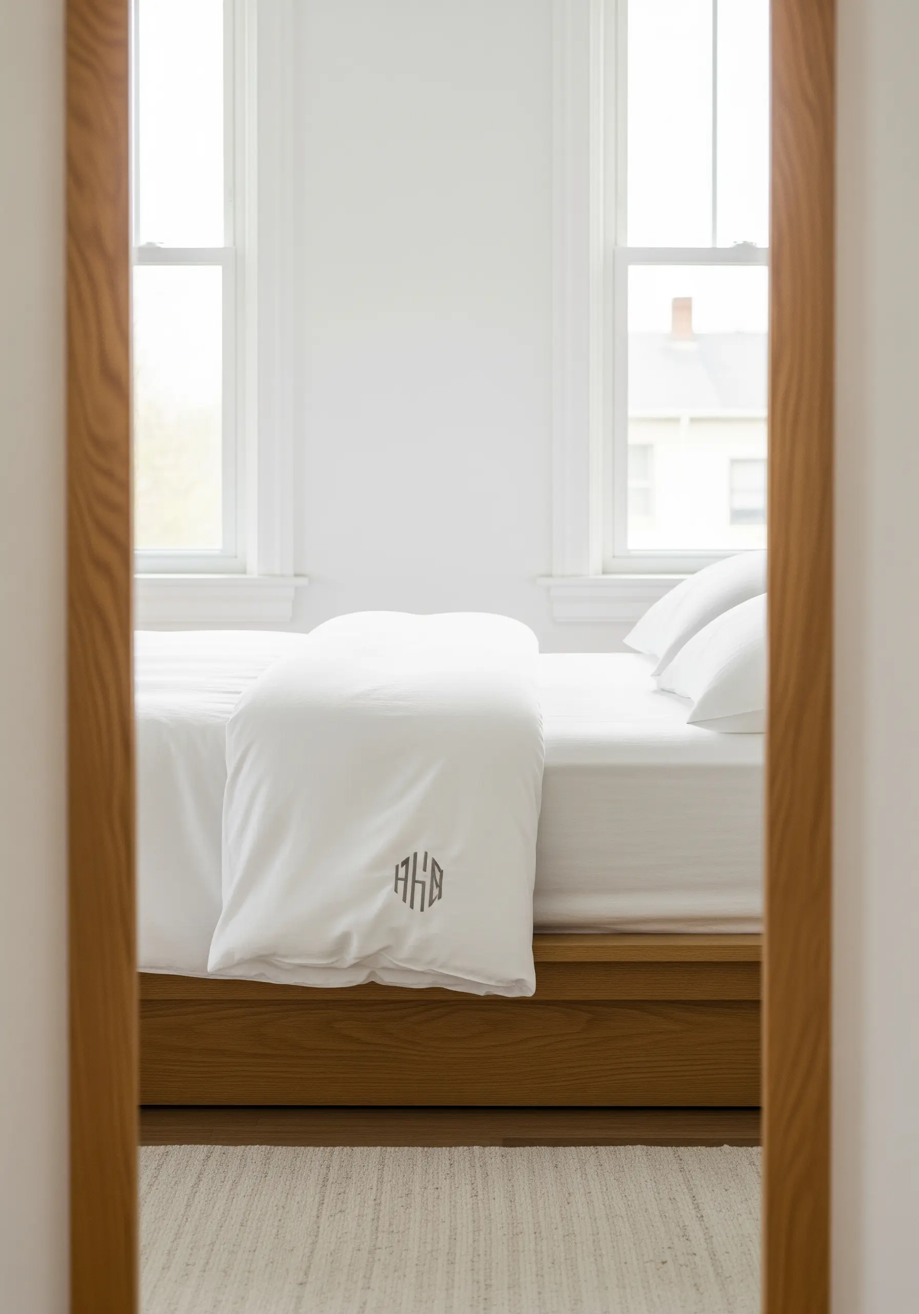 A small, classic gray monogram on the corner of a white duvet cover, seen in a mirror.