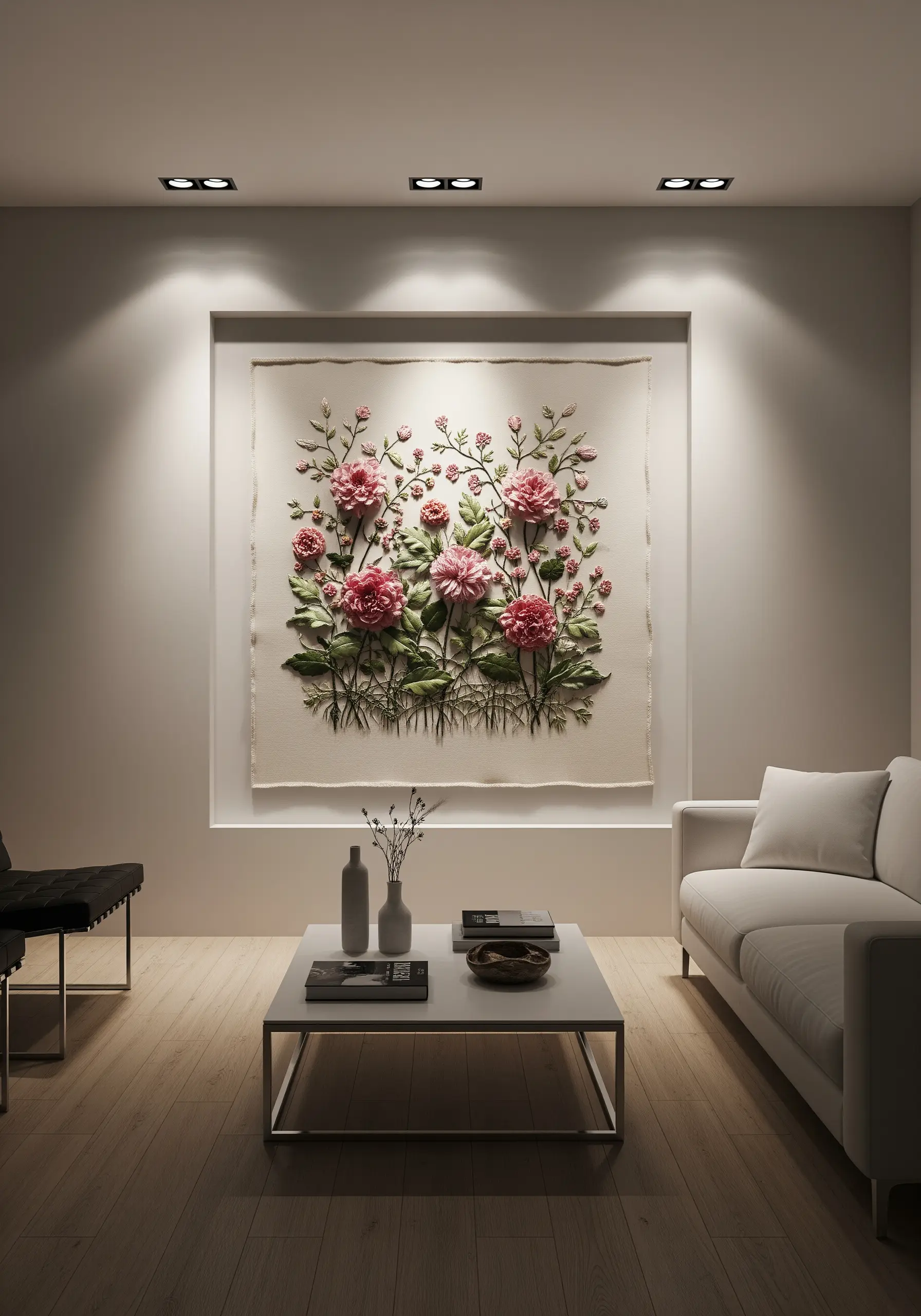 A deeply recessed wall niche showcasing a large, 3D floral embroidery arrangement.