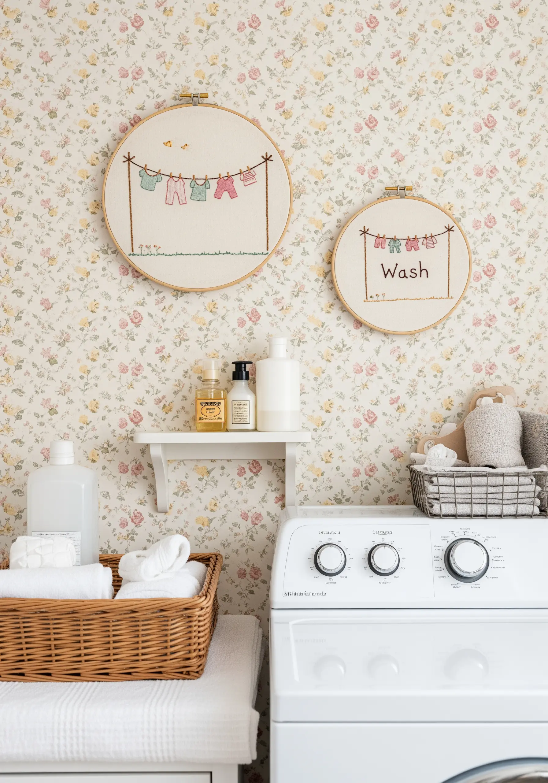 Two embroidery hoops with a clothesline and the word 