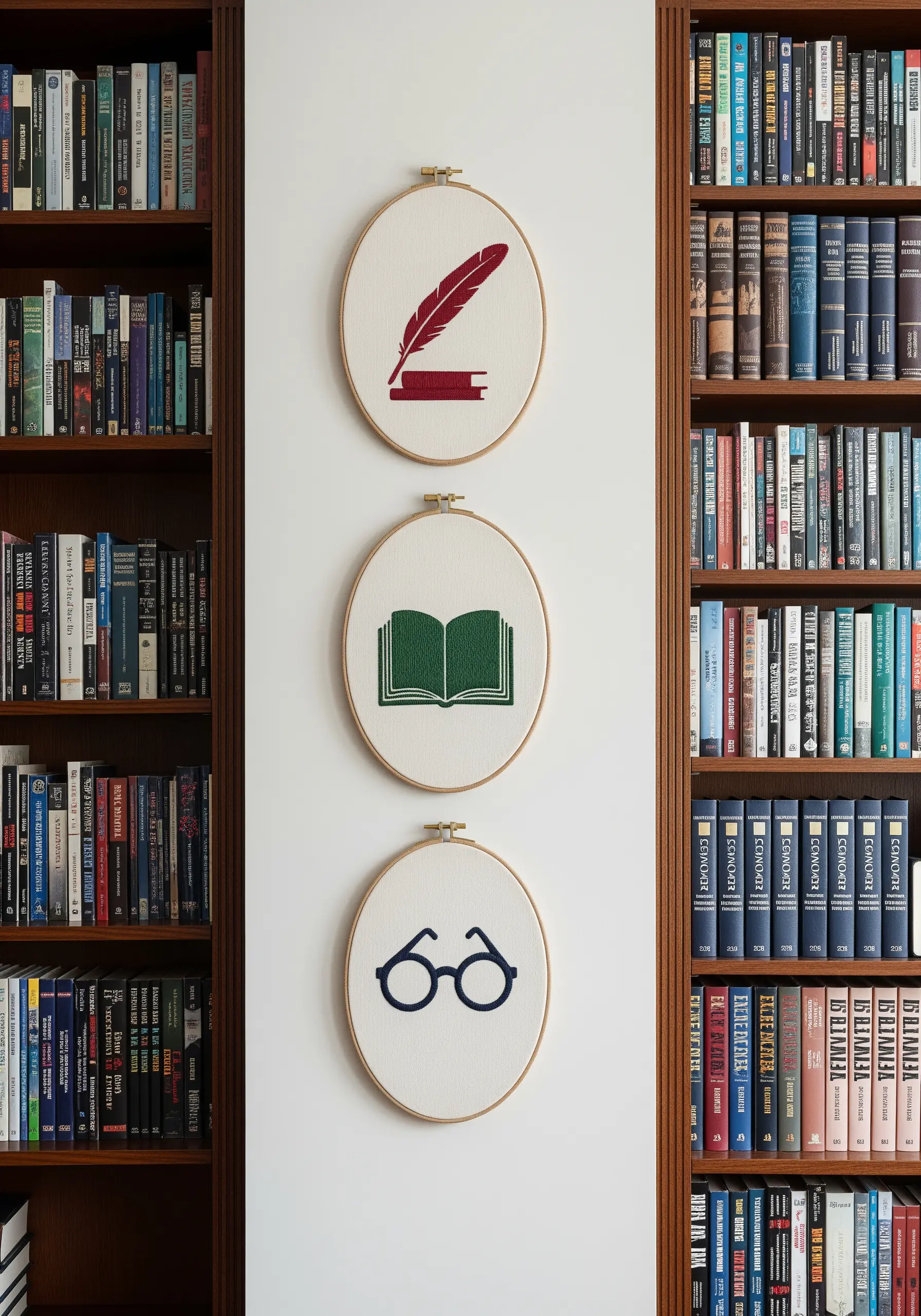 Three embroidery hoops with icons: a quill, a book, and glasses.