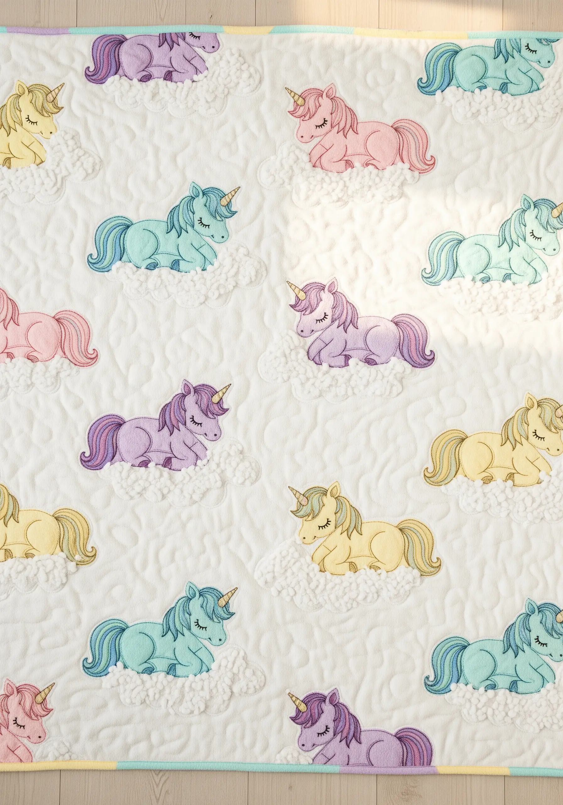 Quilt with a repeating pattern of small, sleeping pastel unicorns on quilted clouds.