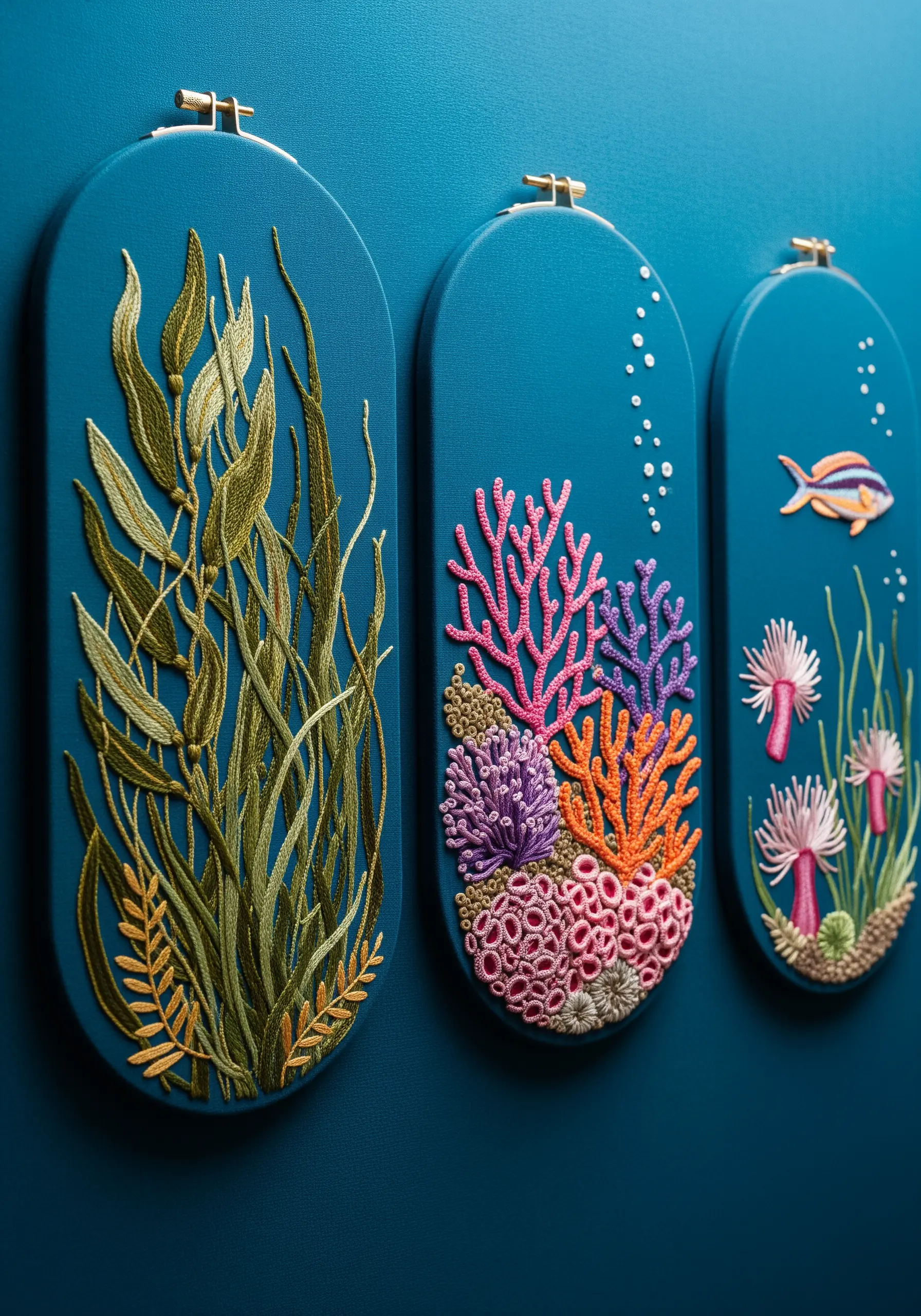An underwater triptych in oval hoops, showing seaweed, colorful coral, and a small fish.