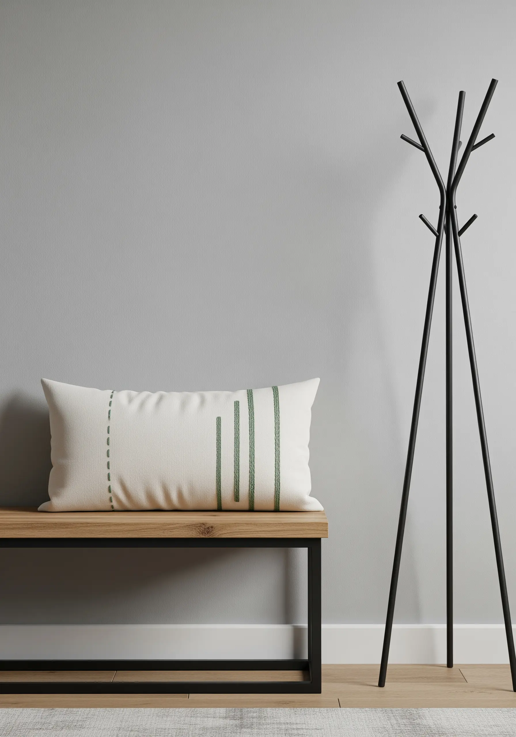 Abstract green vertical stitches on a rectangular white entryway pillow.