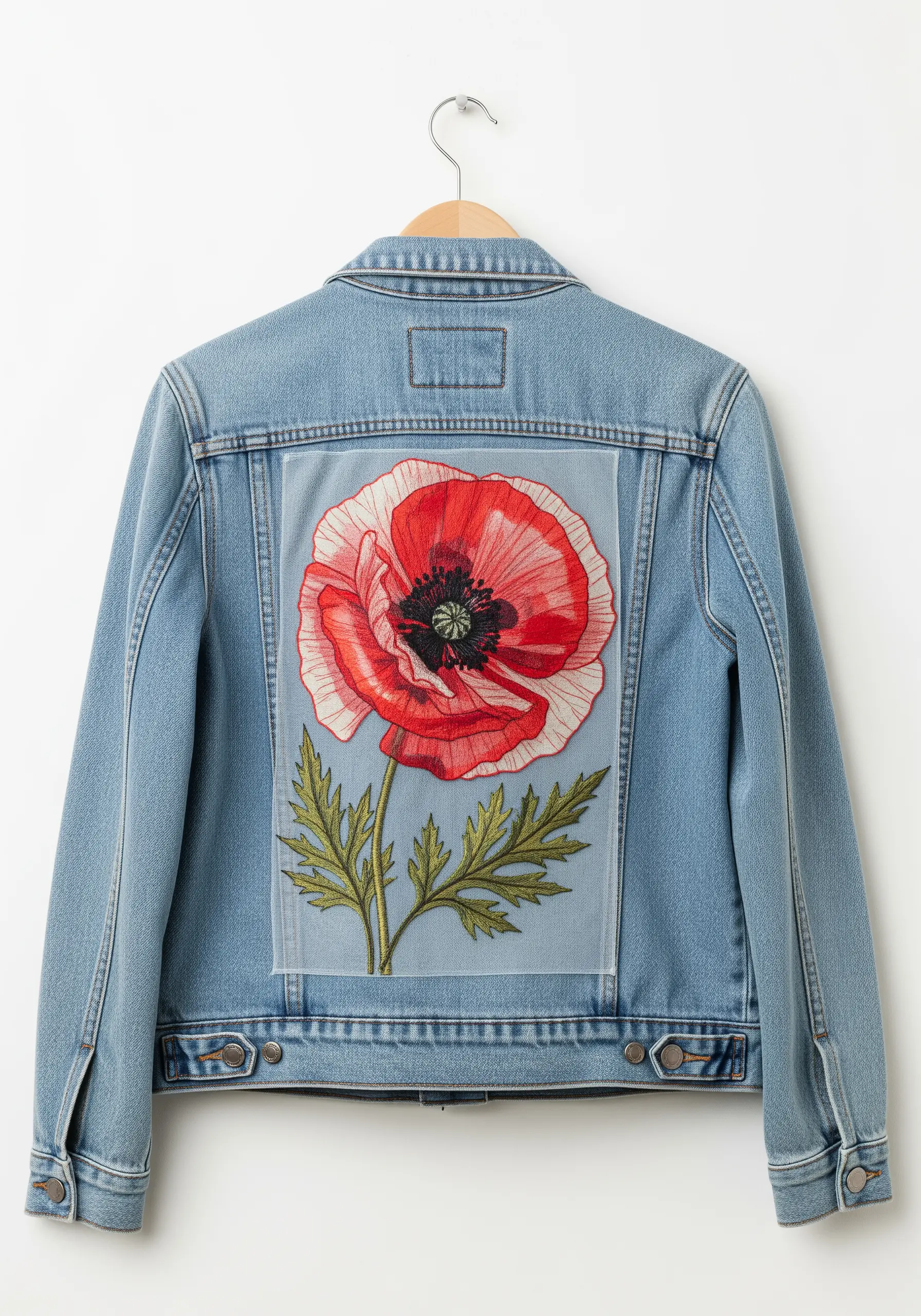 Large embroidered poppy appliqué stitched onto the back of a denim jacket.
