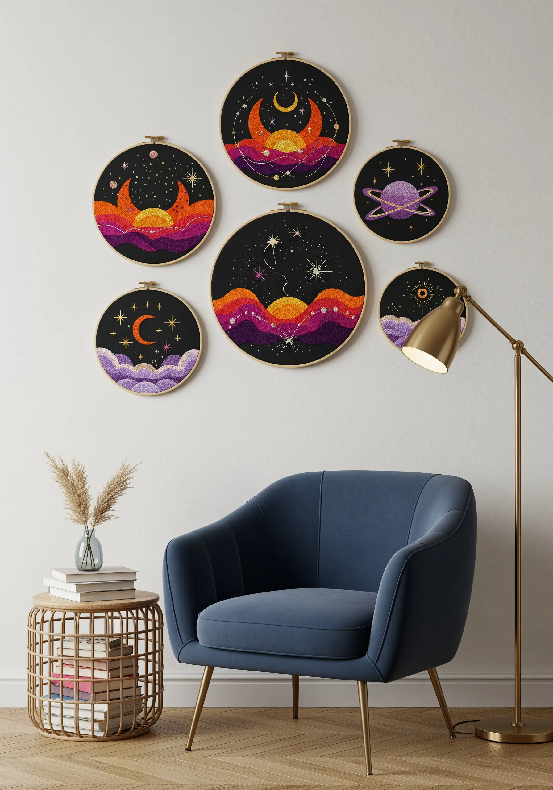 Celestial-themed embroidery hoops with sunset colors on black fabric.