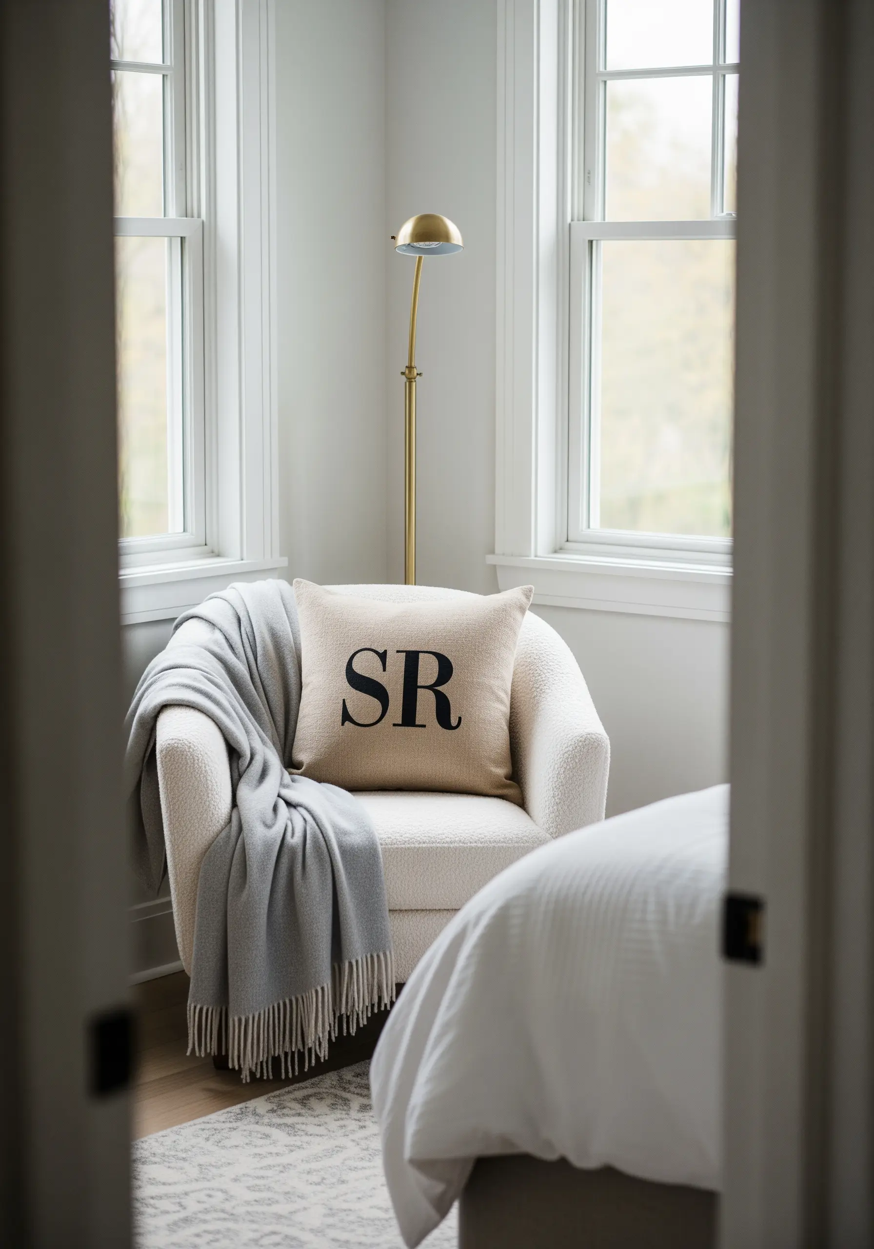 Bold black serif initials 'SR' on a cream-colored bouclé armchair cushion.