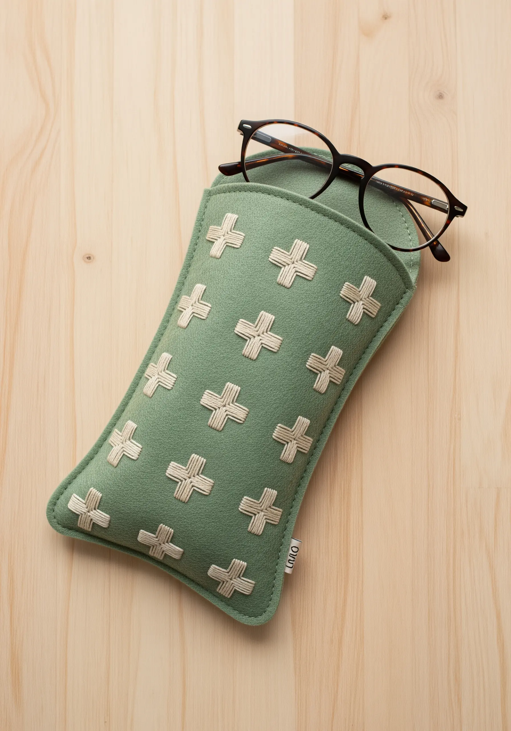 A pattern of cream-colored crosses stitched with thick thread on a sage green felt glasses case.