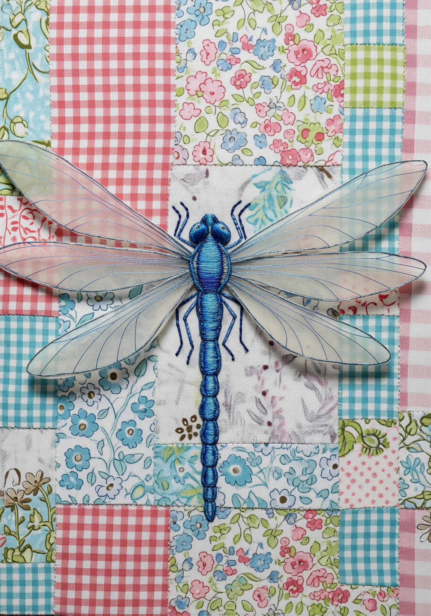 Blue embroidered dragonfly with sheer wings on a colorful patchwork quilt background.