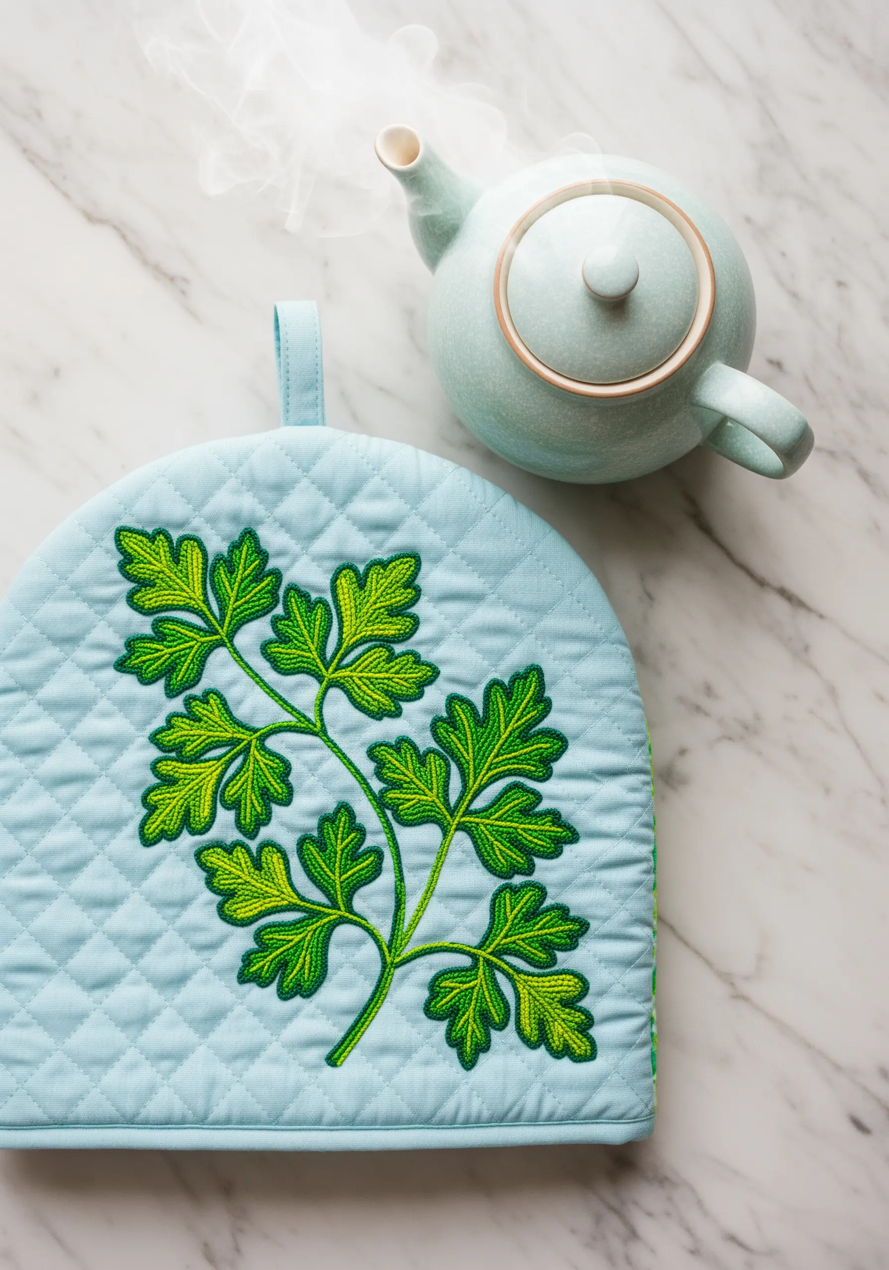Bright green parsley with a color gradient embroidered on a quilted blue tea cozy.