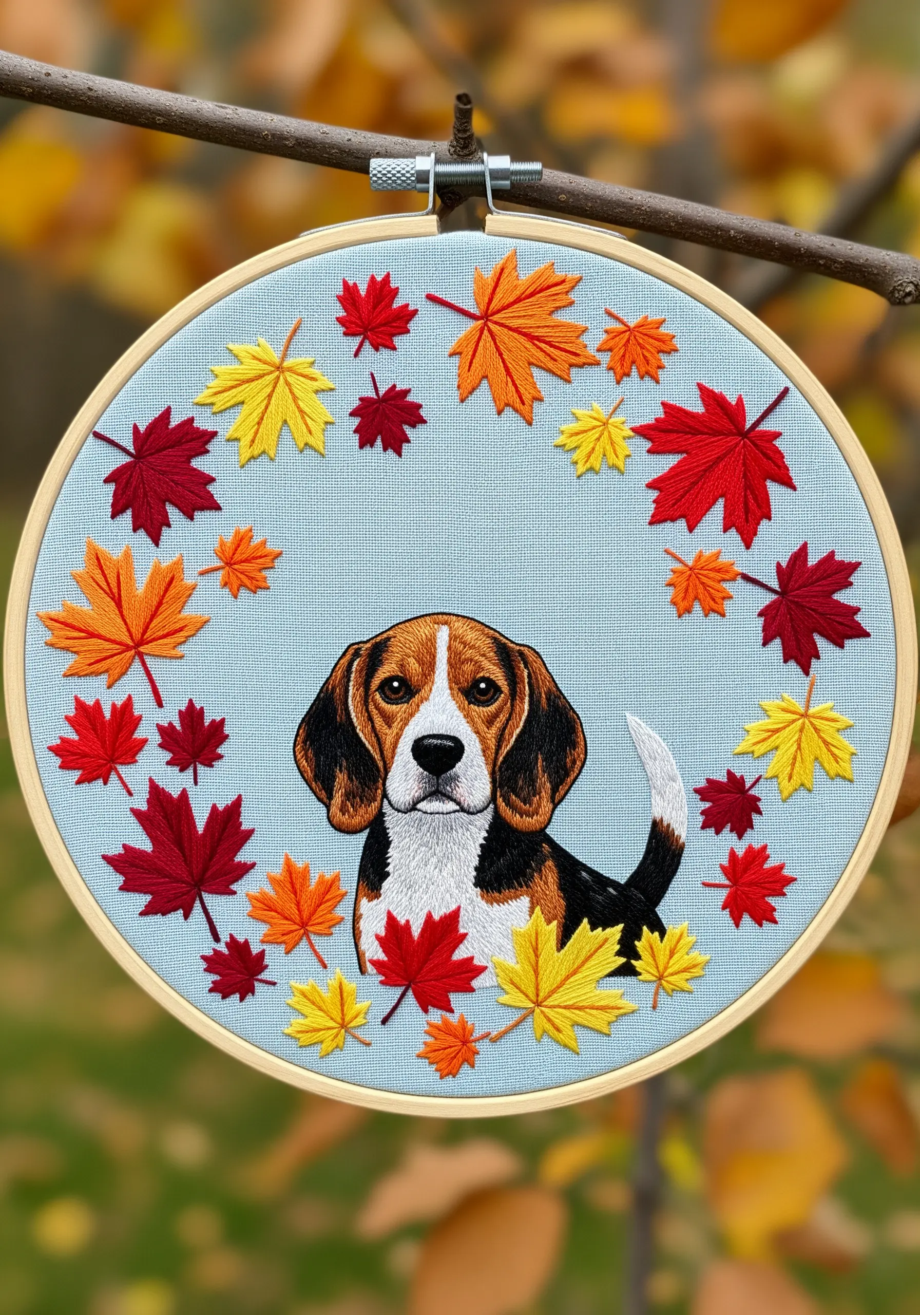 Embroidered beagle portrait set against a light blue background with a frame of autumn maple leaves.