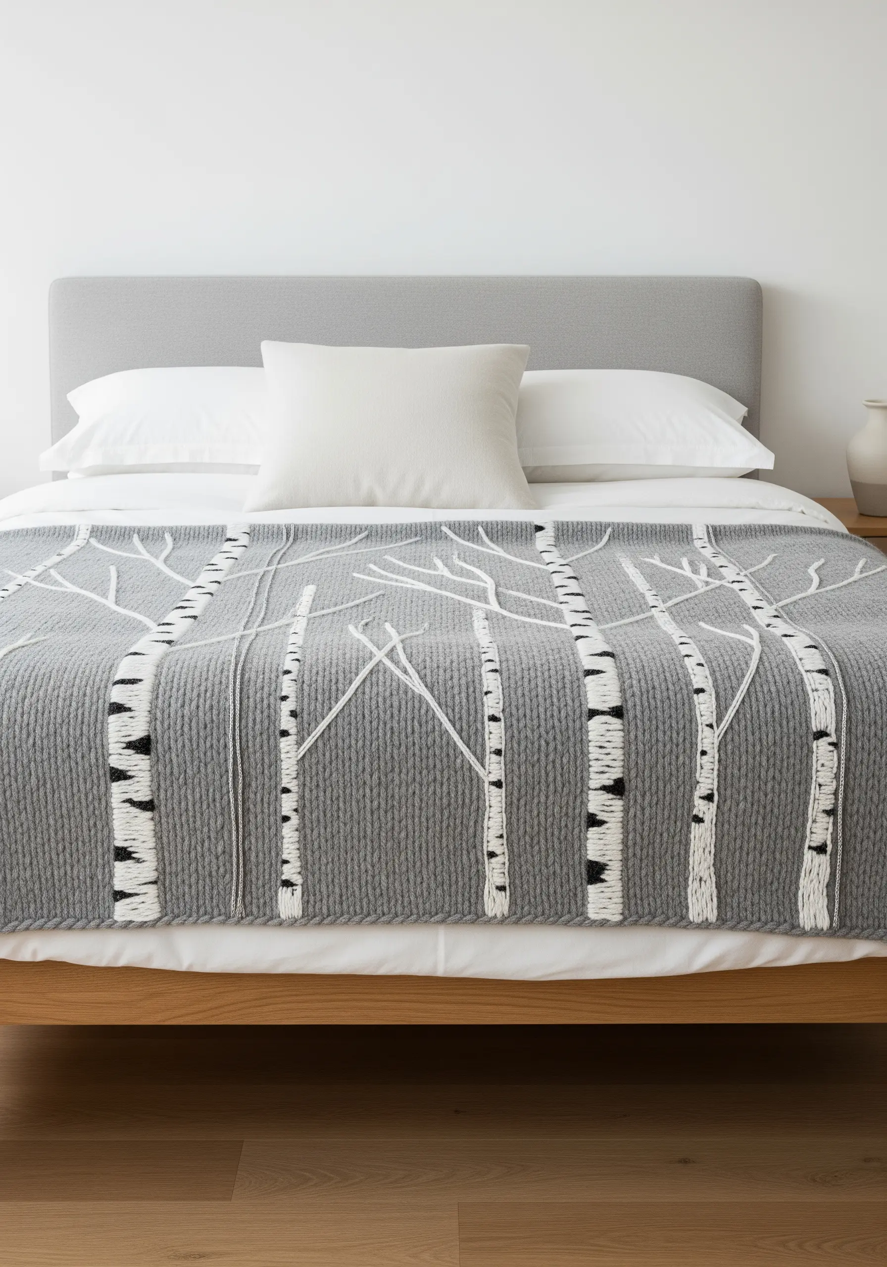 Couching technique used to create white birch tree trunks on a gray knit blanket.