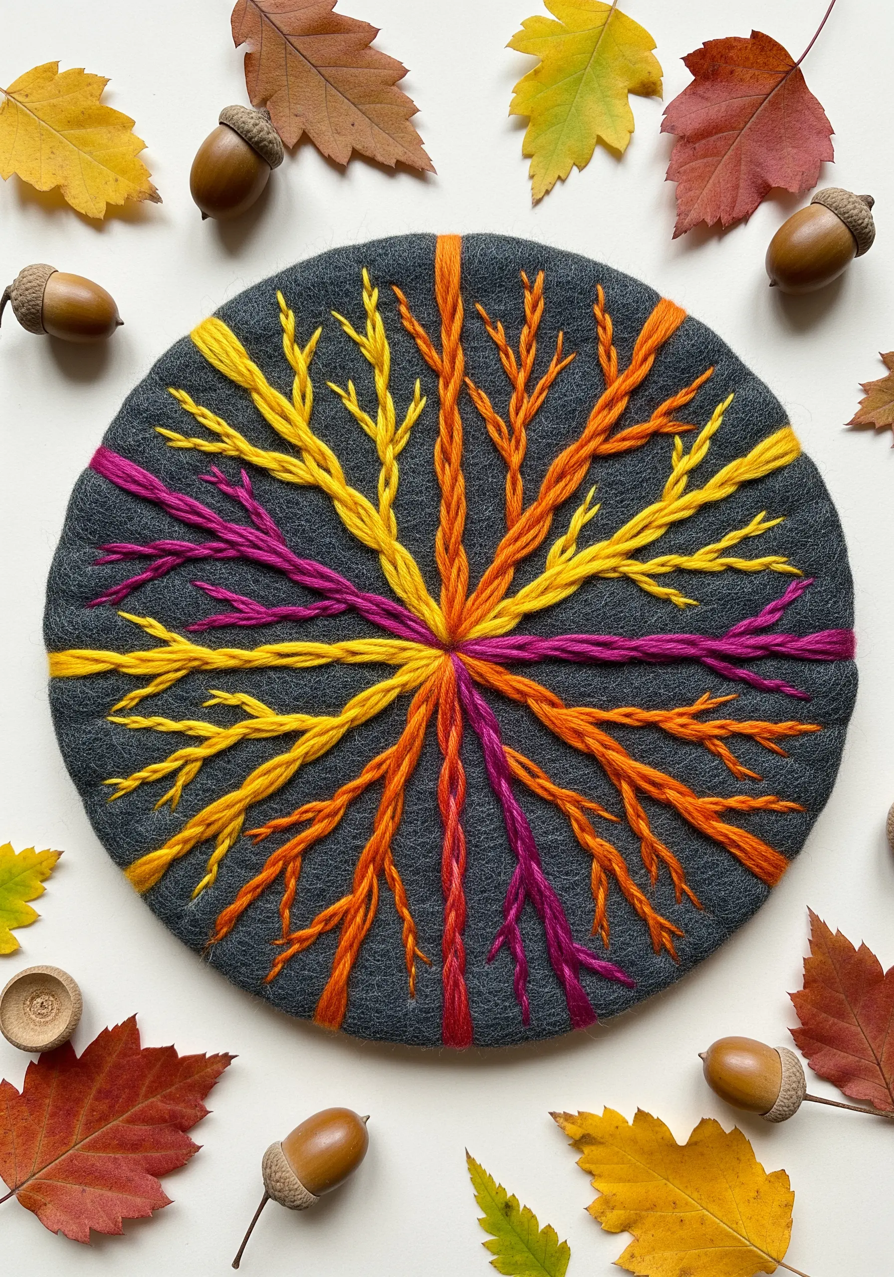 A felt circle decorated with radiating branches made from thick, colorful yarn.