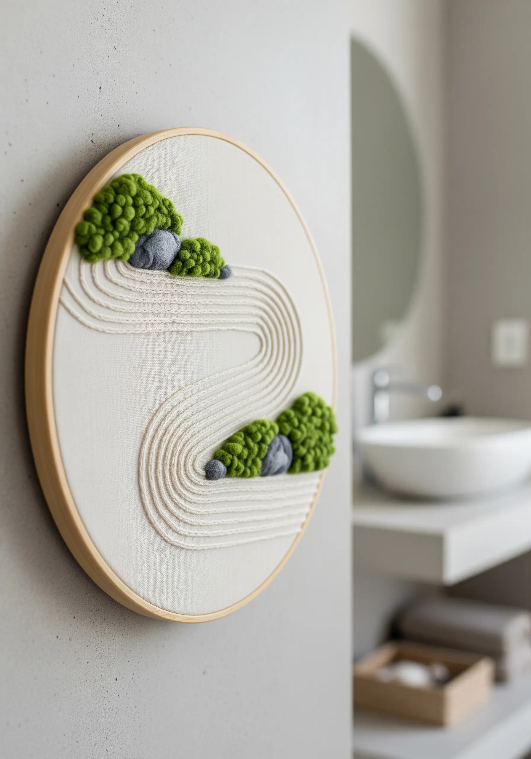 Zen garden embroidery with raked sand texture