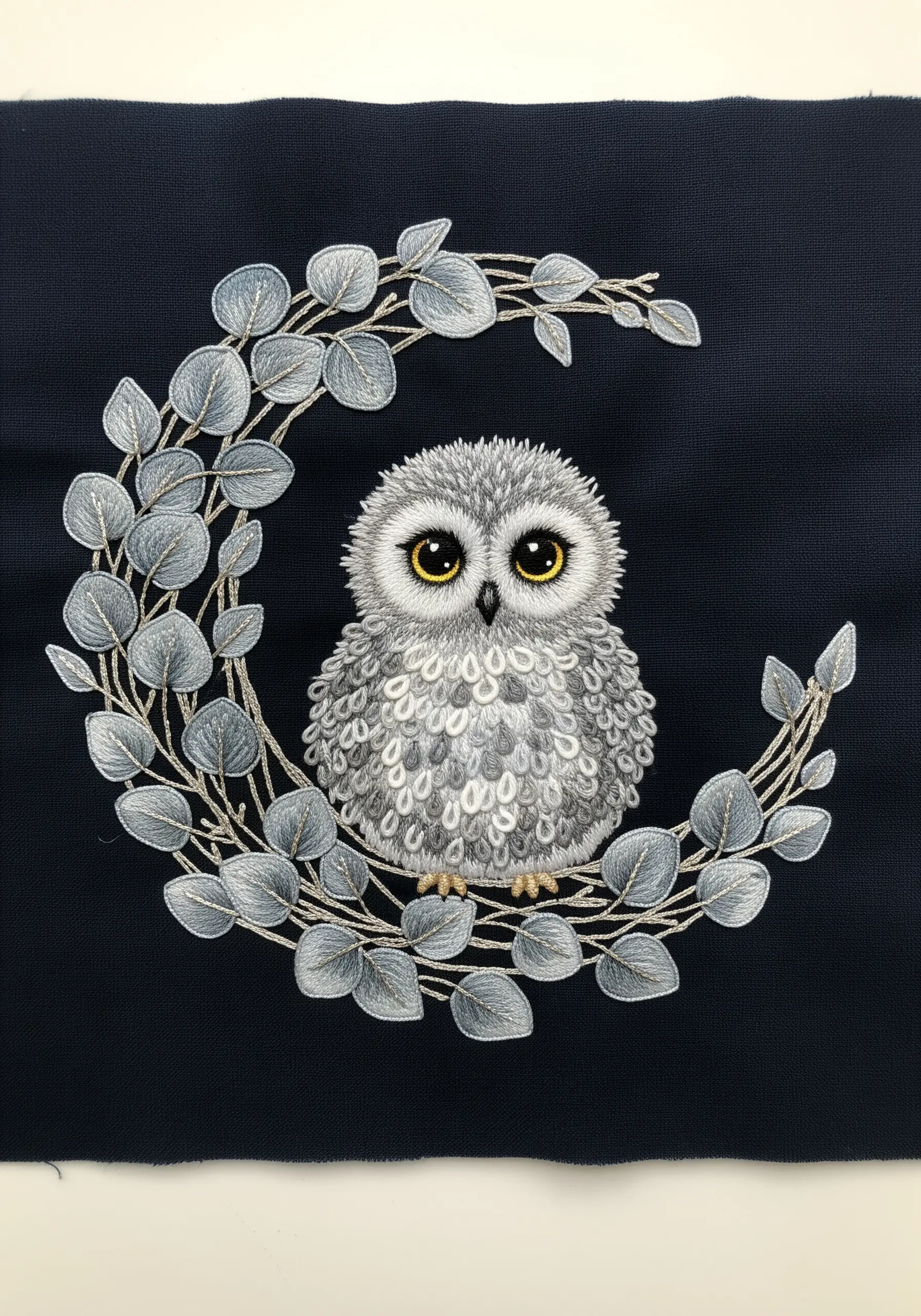 High-contrast embroidery of a fluffy white owl on dark navy fabric.