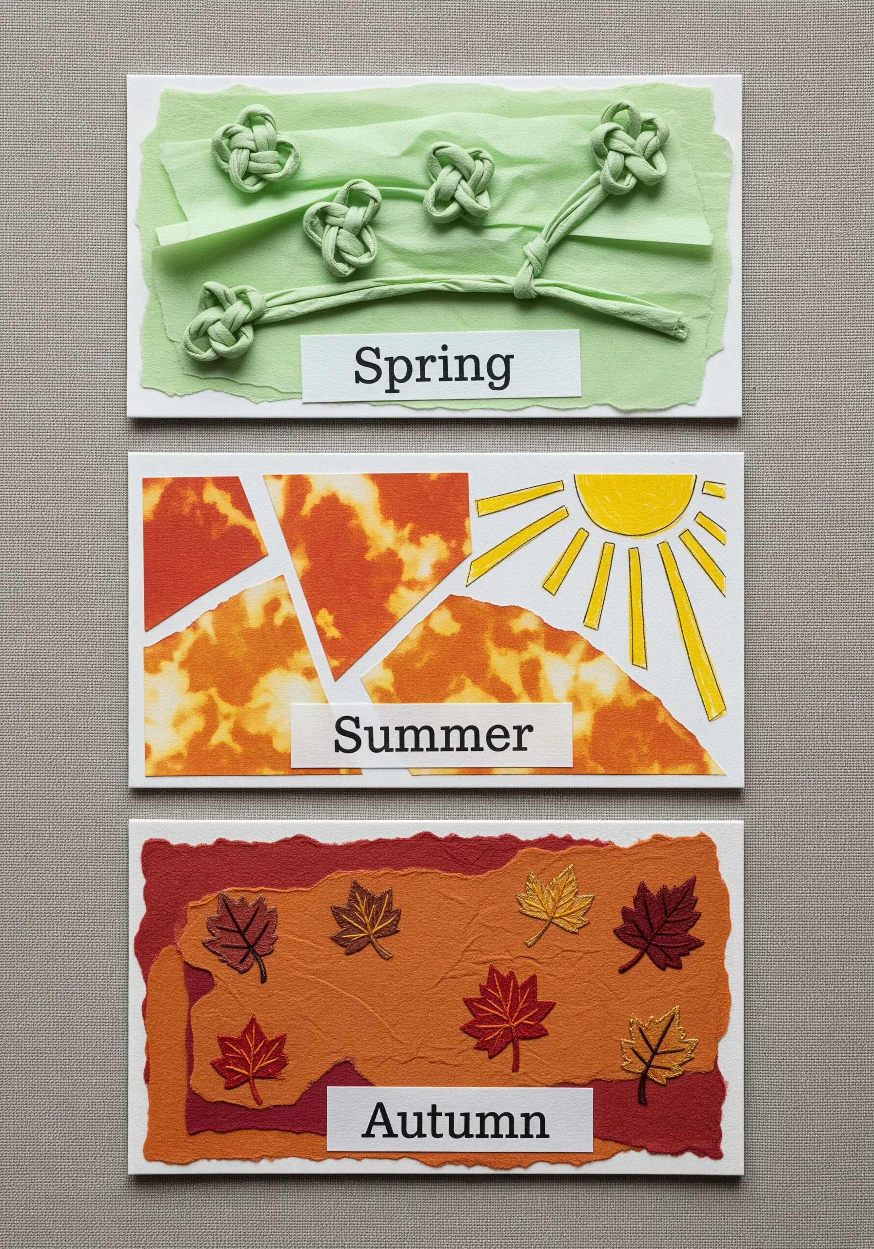 Three cards representing seasons, with the spring card featuring green decorative knots.