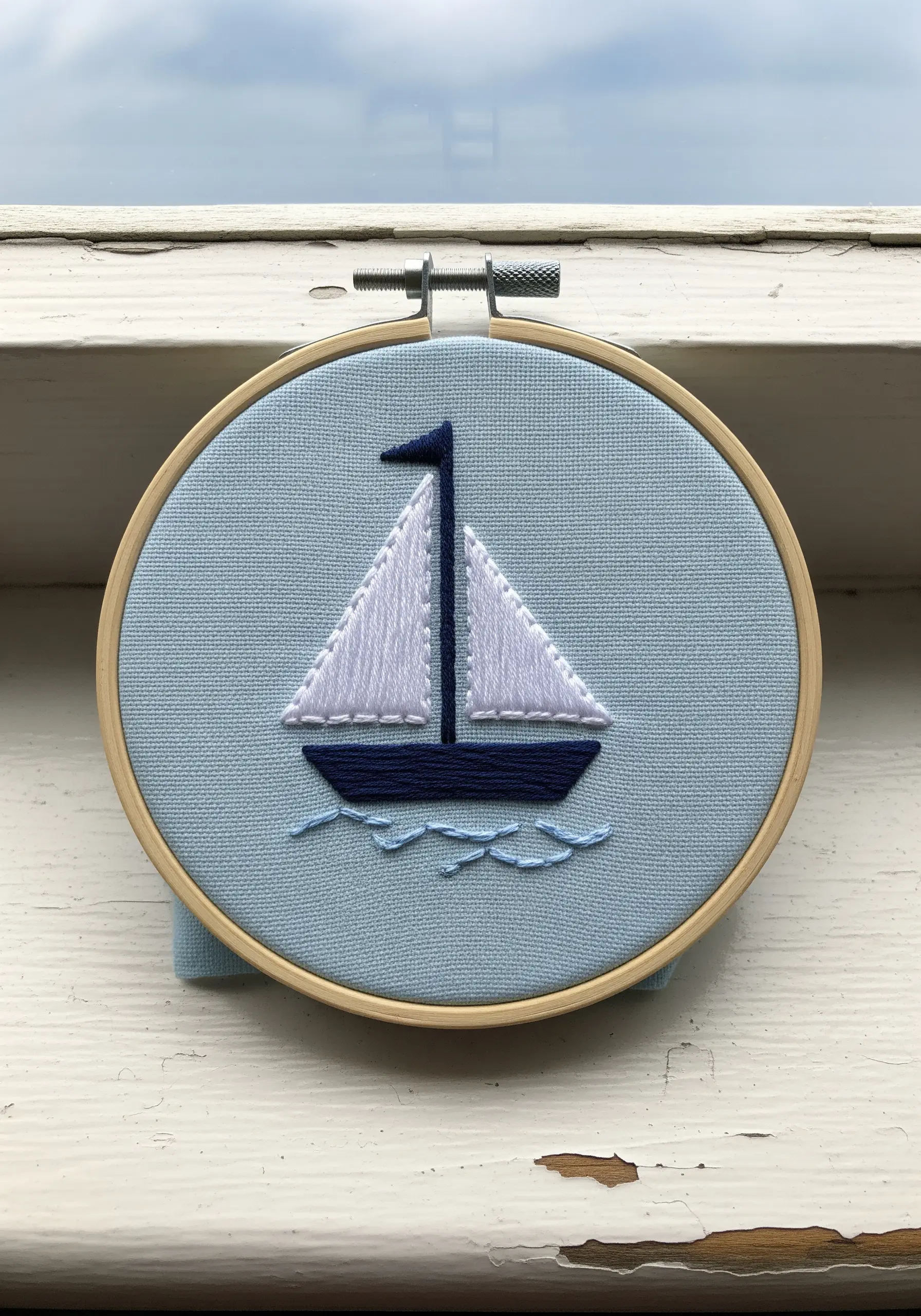 An embroidered sailboat with white sails and a dark blue hull on light blue fabric.
