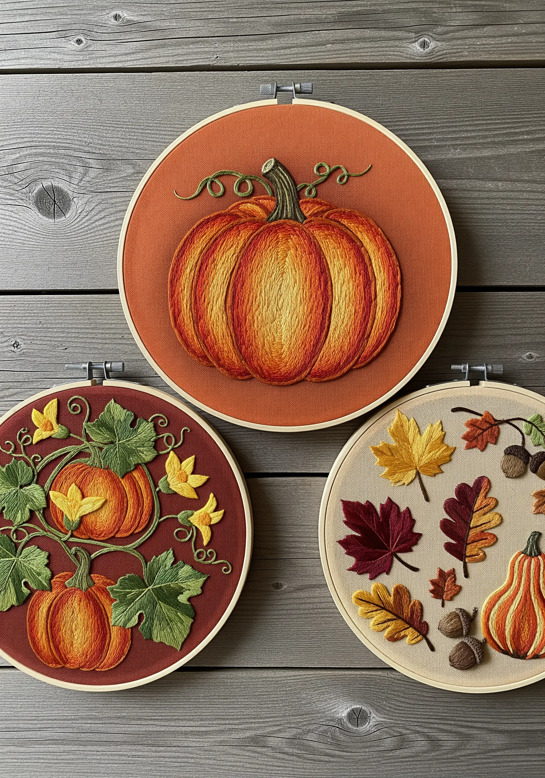 Autumn-themed triptych with a large pumpkin, a pumpkin patch, and scattered fall leaves.