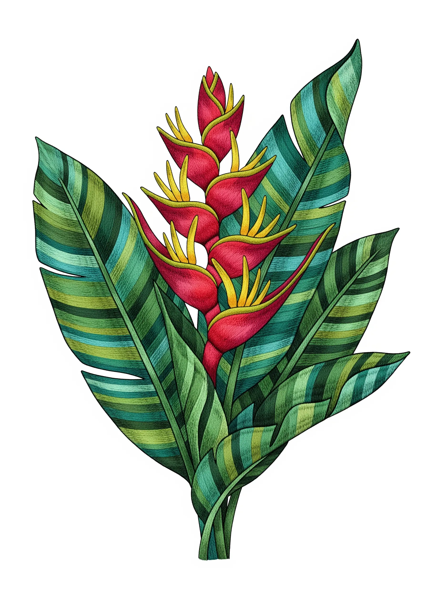 An illustration of a red heliconia flower with striped green leaves.