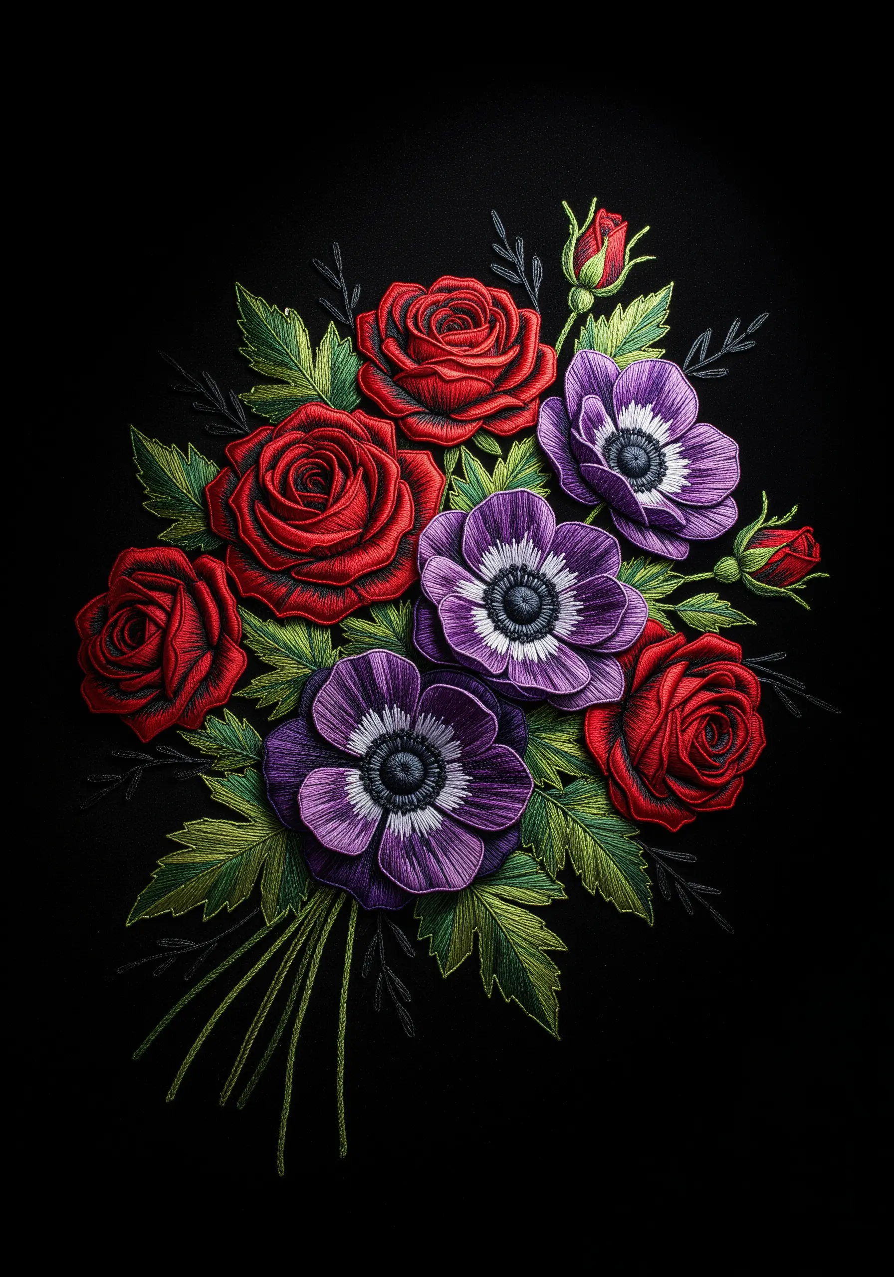 Dramatic embroidery of red roses and purple anemones with deep shadows on a black background.