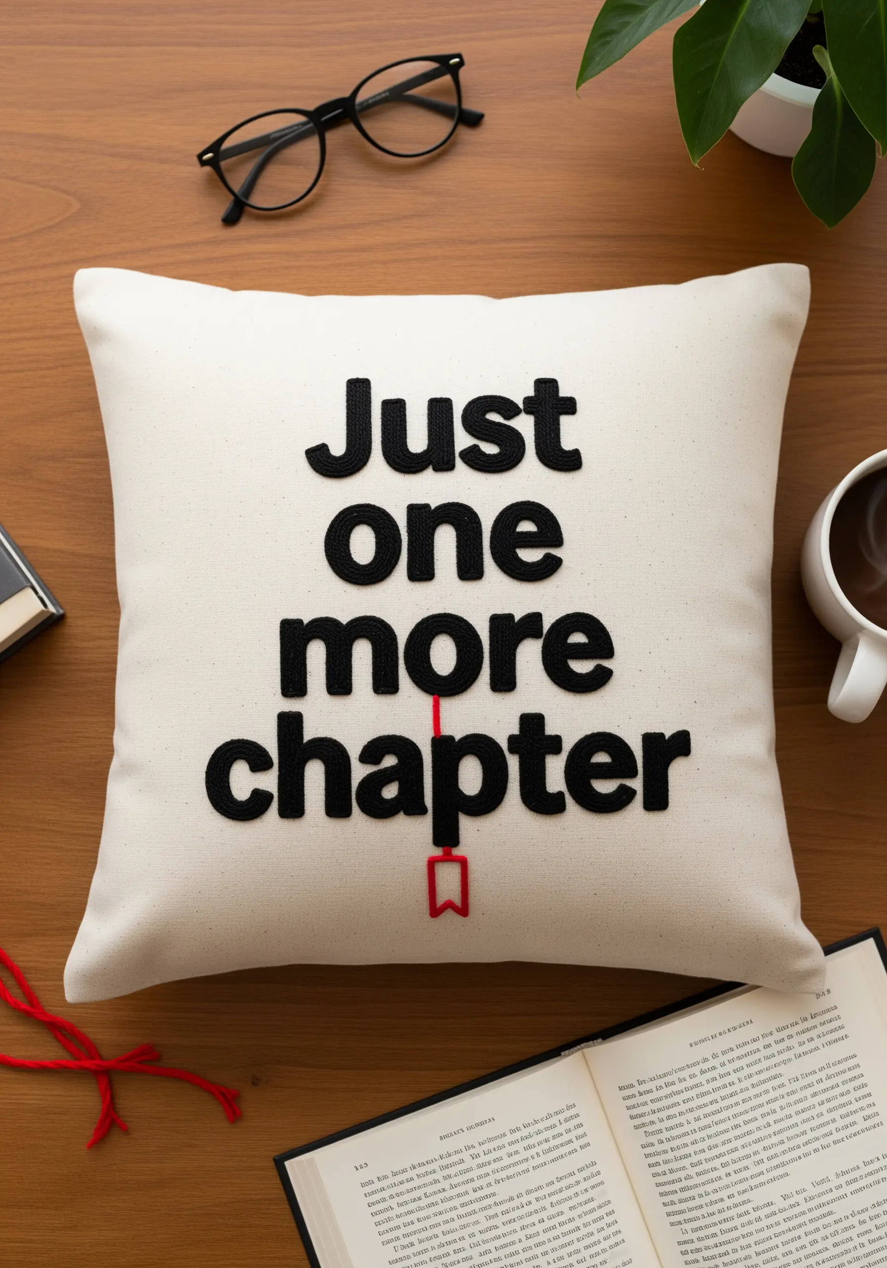 Bold black felt appliqué letters spelling 'Just one more chapter' on a white pillow.