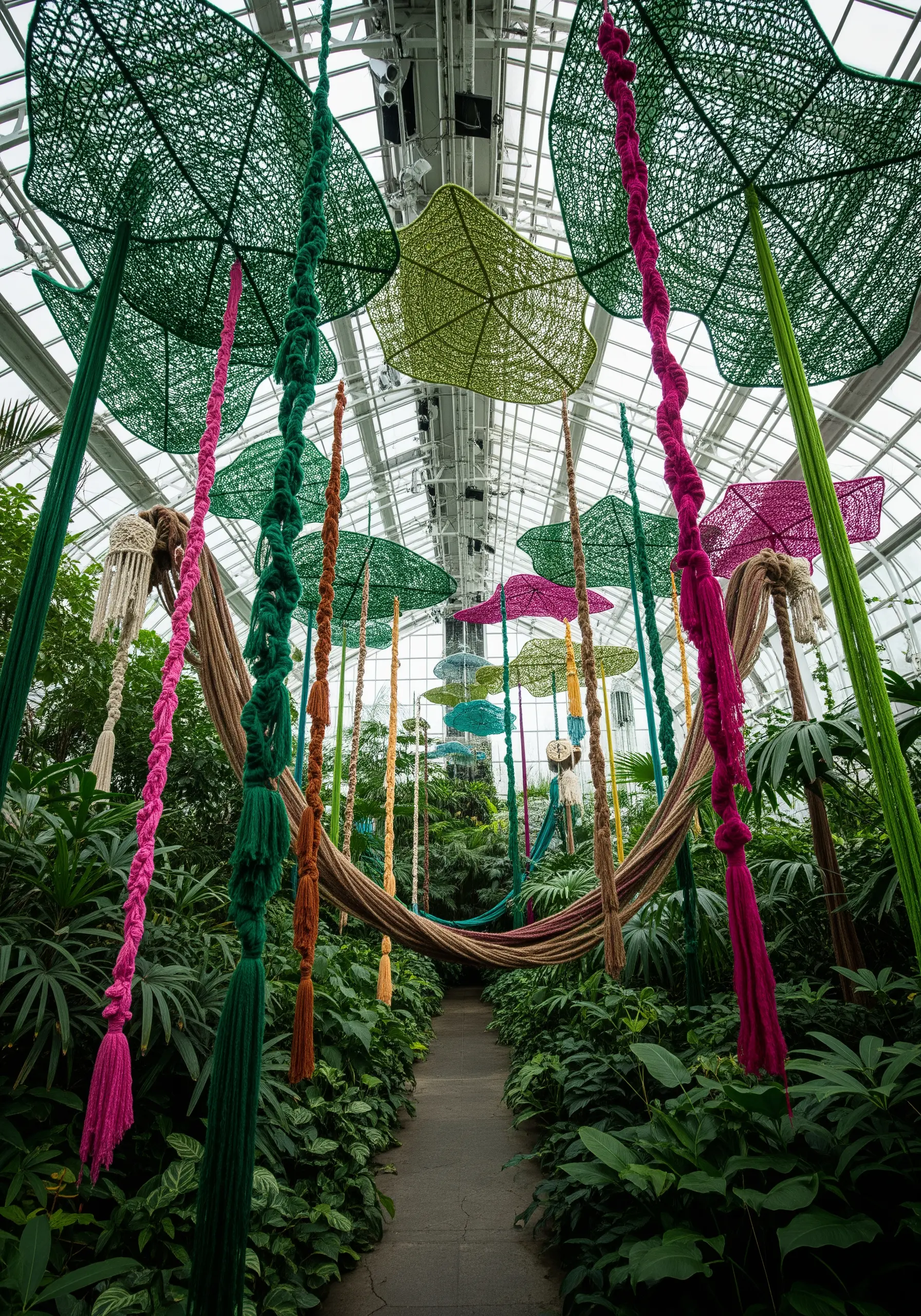 Large-scale fiber art installation in a greenhouse with wrapped columns and macrame details.