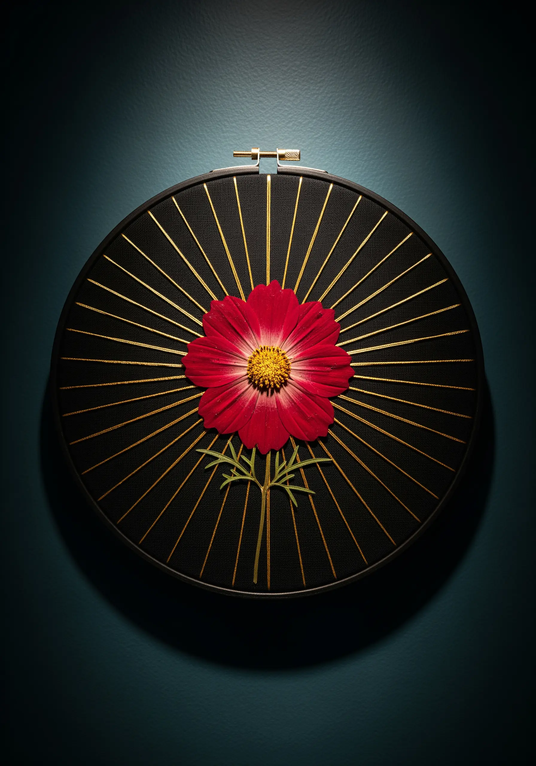 A single red pressed cosmos flower on black fabric with radiating gold metallic stitches.