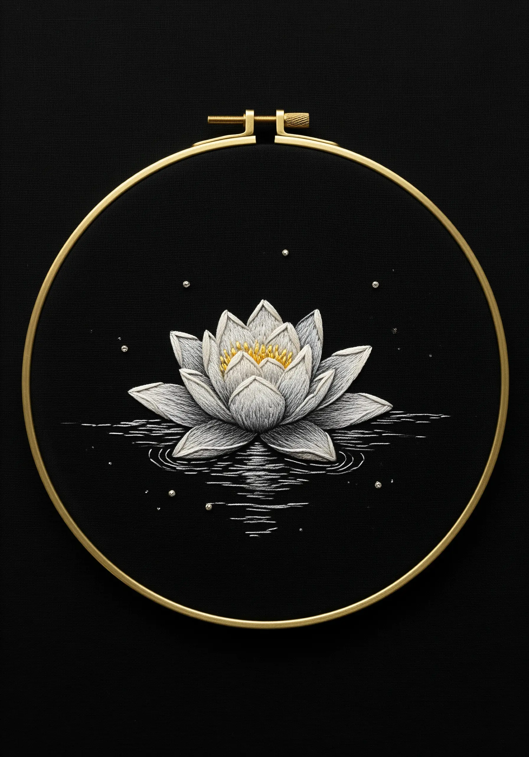 A monochrome water lily embroidered on black fabric inside a gold hoop, with silver details.