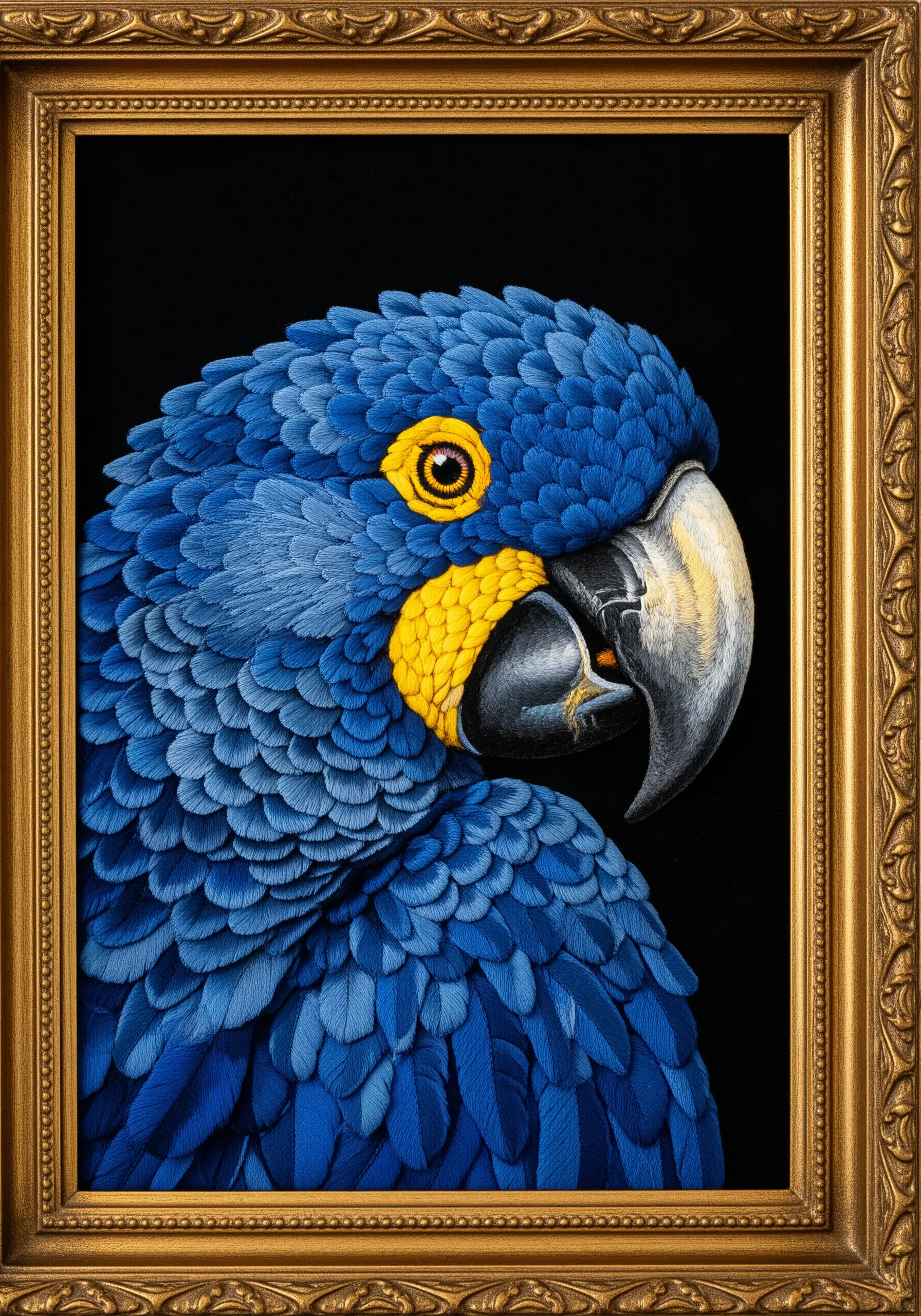 A hyper-realistic embroidered portrait of a blue hyacinth macaw in a gold frame.