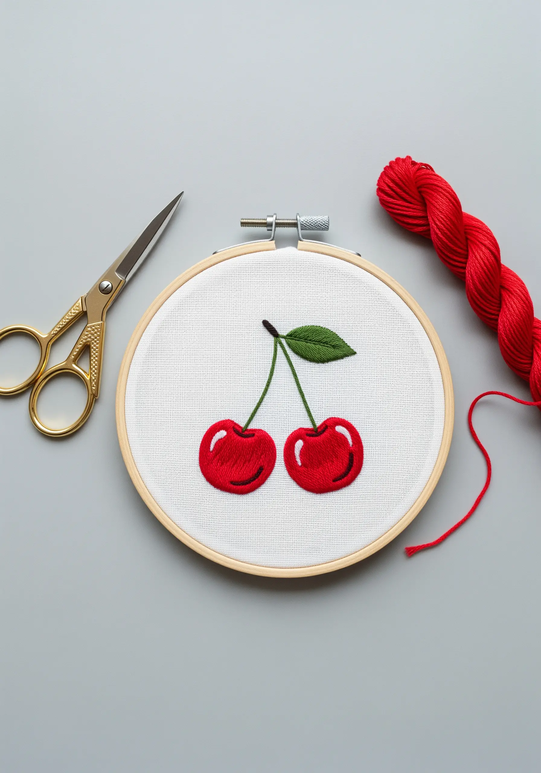 Two bright red satin-stitched cherries with a white stitch highlight to show shine.