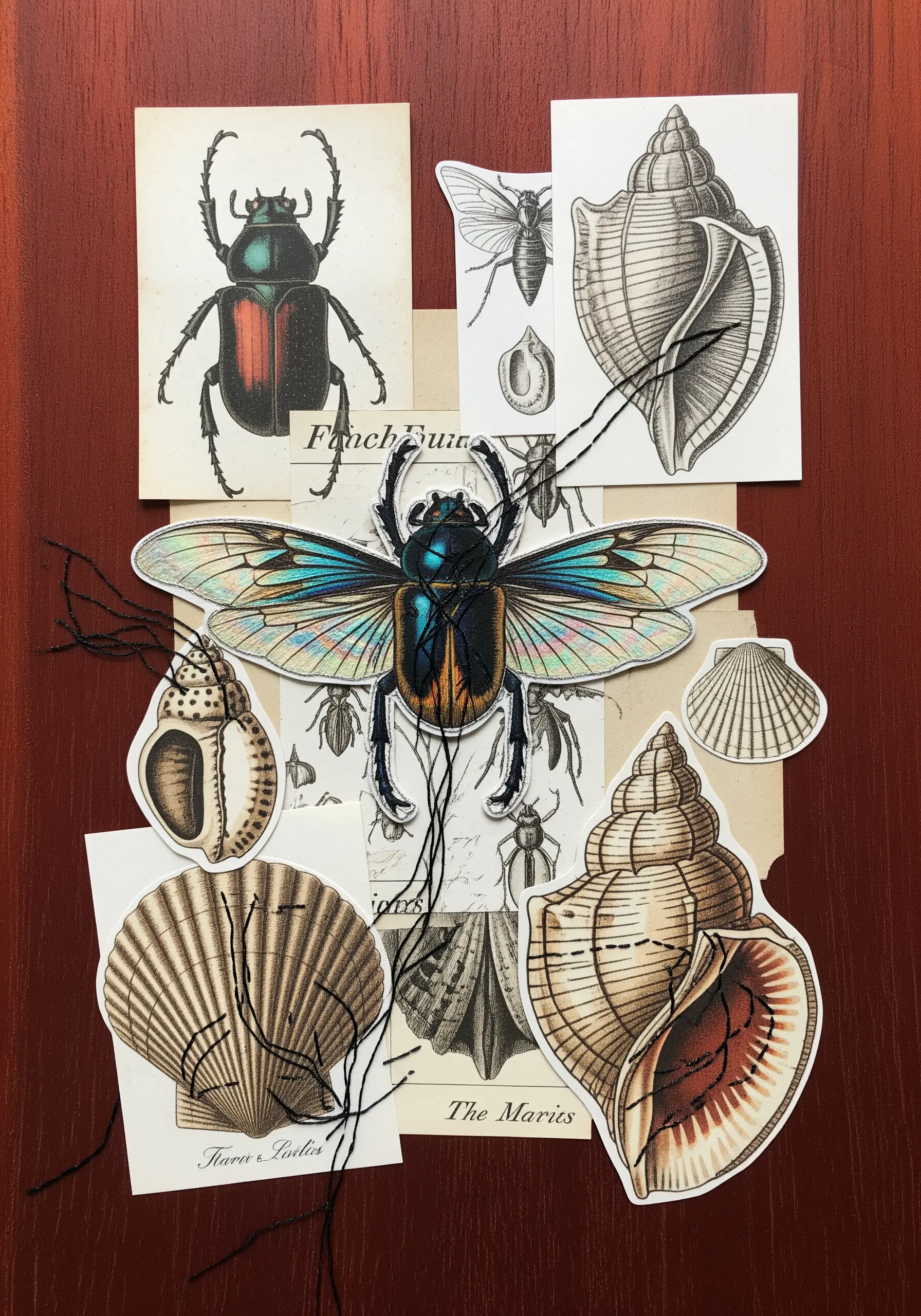 A collage of insect illustrations where long, loose black threads add a chaotic, organic feel.