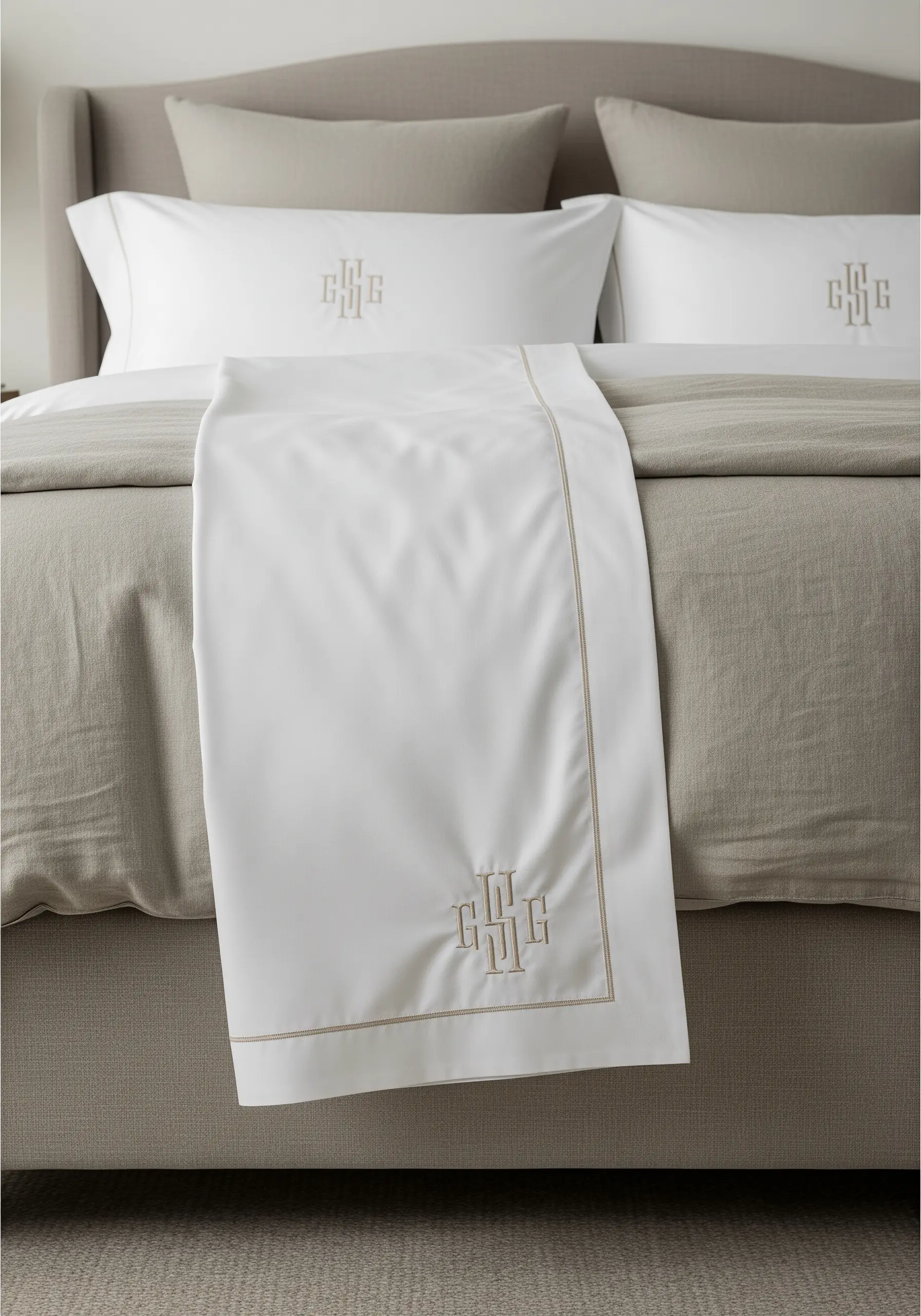 A classic monogram and border stitched in a soft gold metallic thread on a white top sheet.