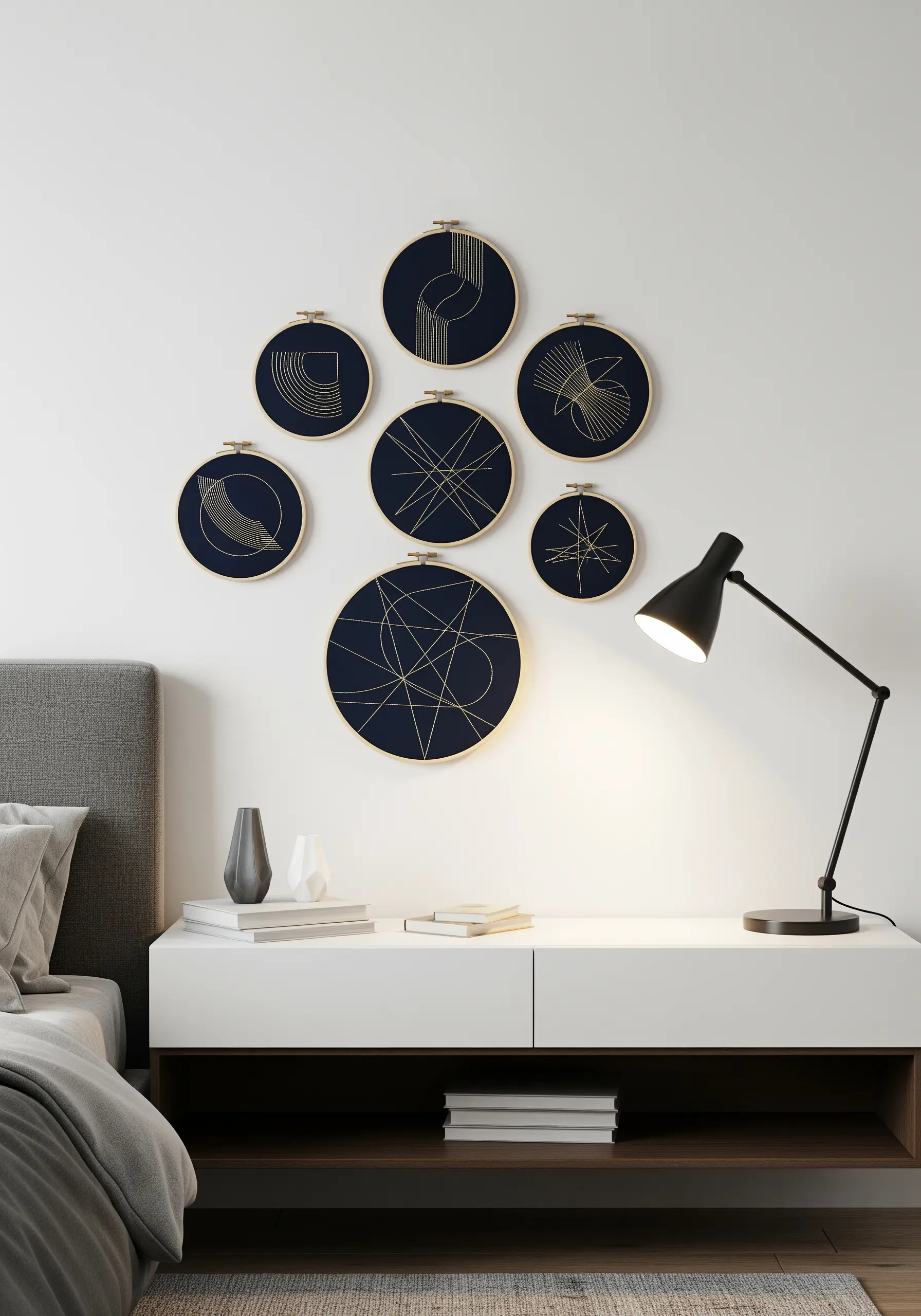 A gallery wall of embroidery hoops with gold metallic thread stitched into abstract geometric lines.
