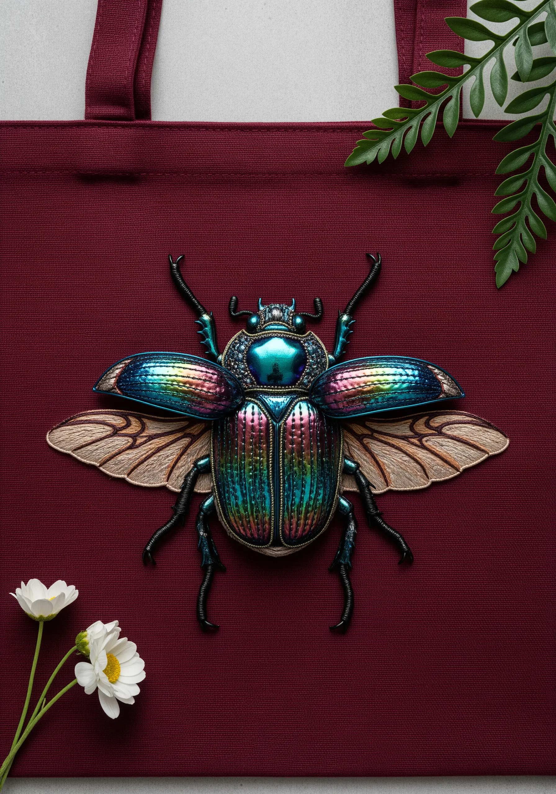 An iridescent beetle embroidered with metallic and shiny threads on a burgundy bag.