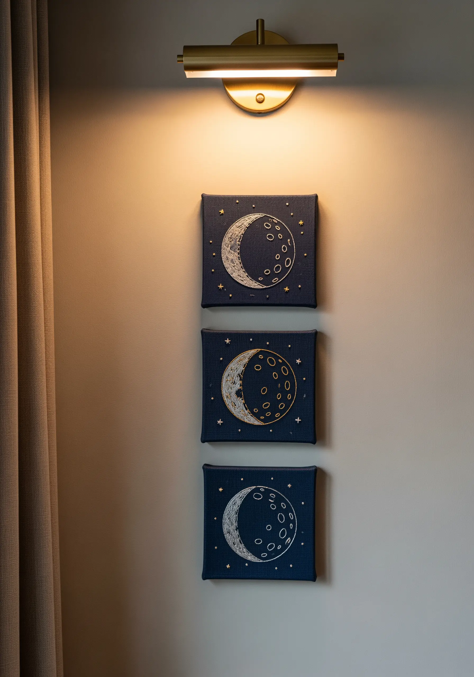 A triptych of three small canvases embroidered with phases of the moon in metallic thread.