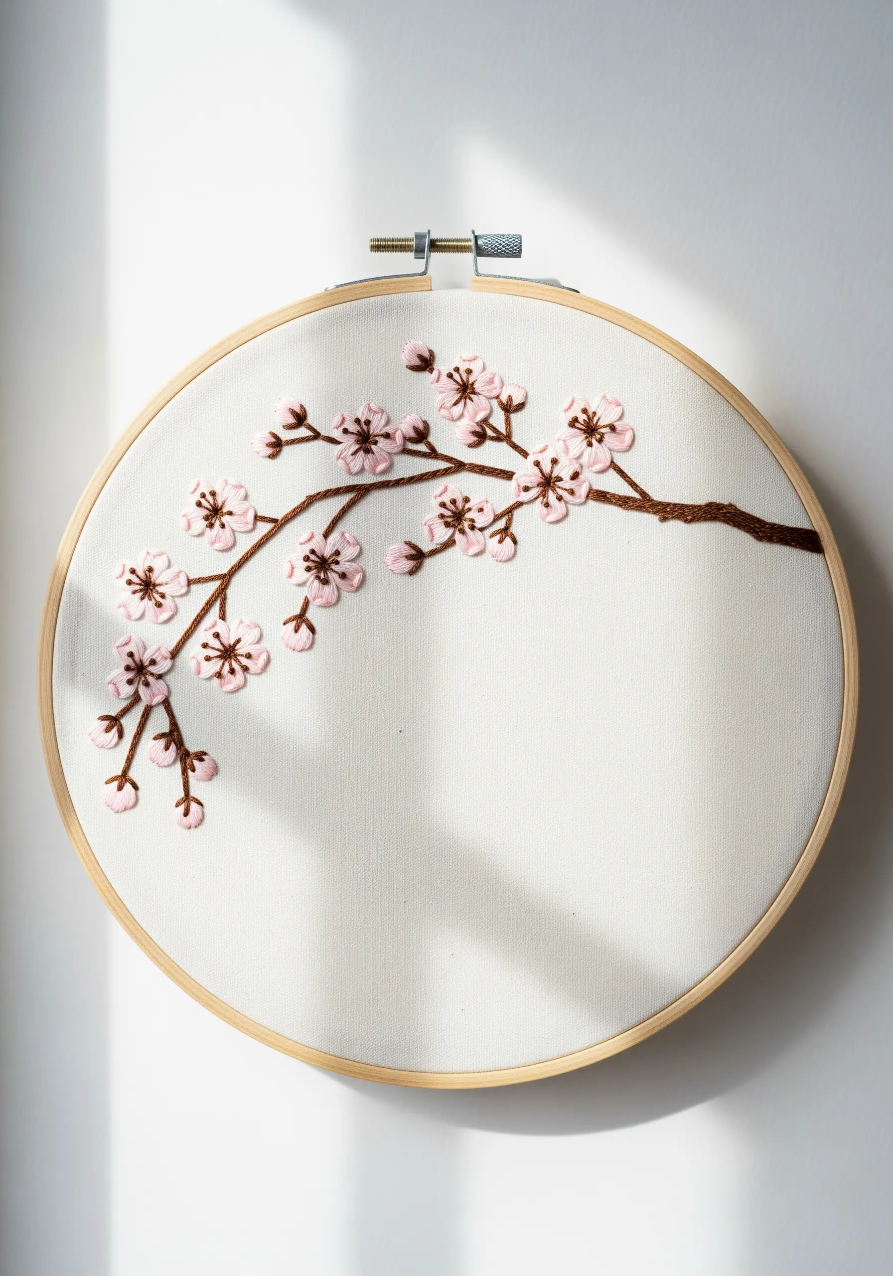 A delicate branch of embroidered pink cherry blossoms on white fabric with soft light.