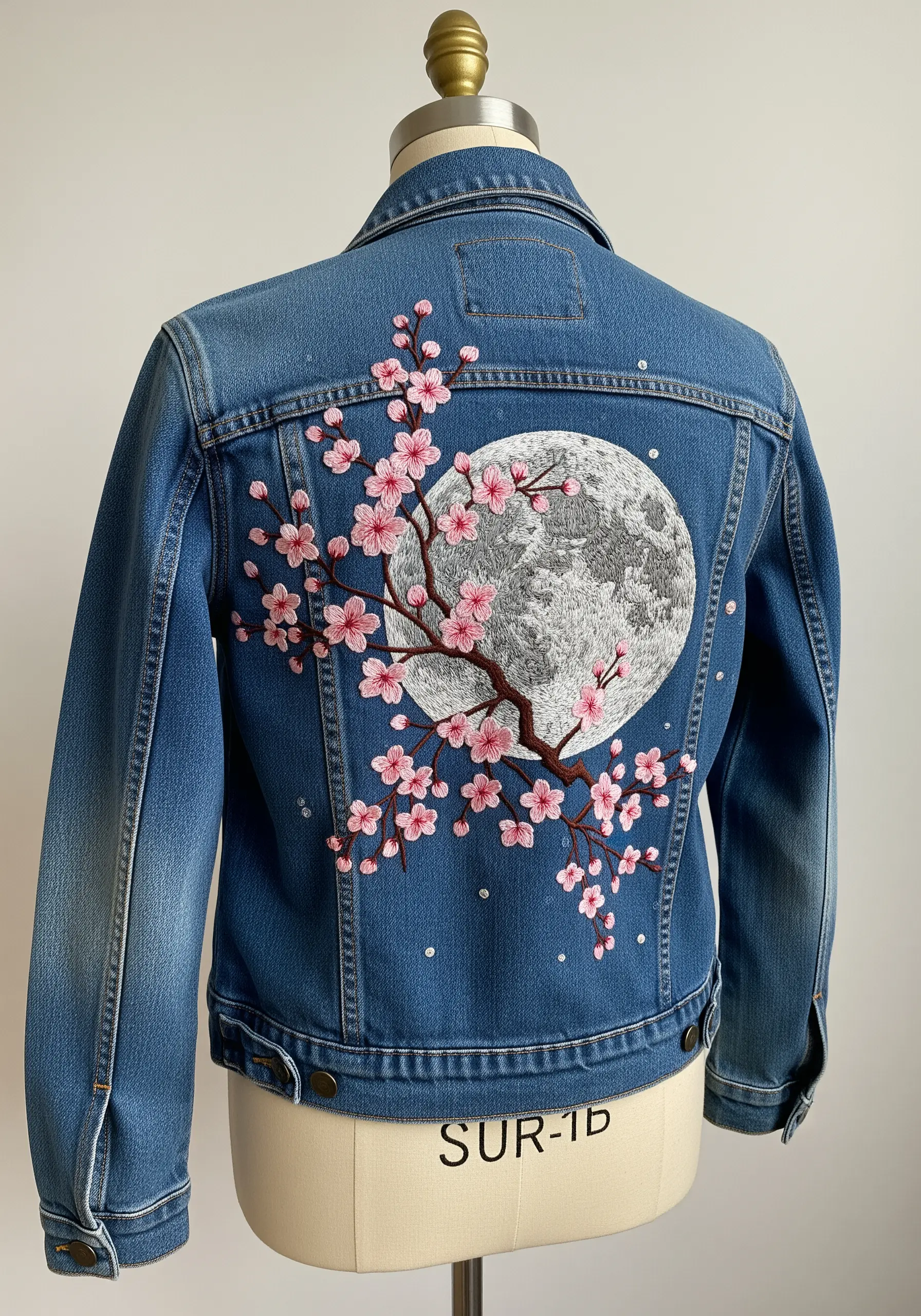 Embroidered cherry blossoms on a denim jacket, framing a detailed full moon.