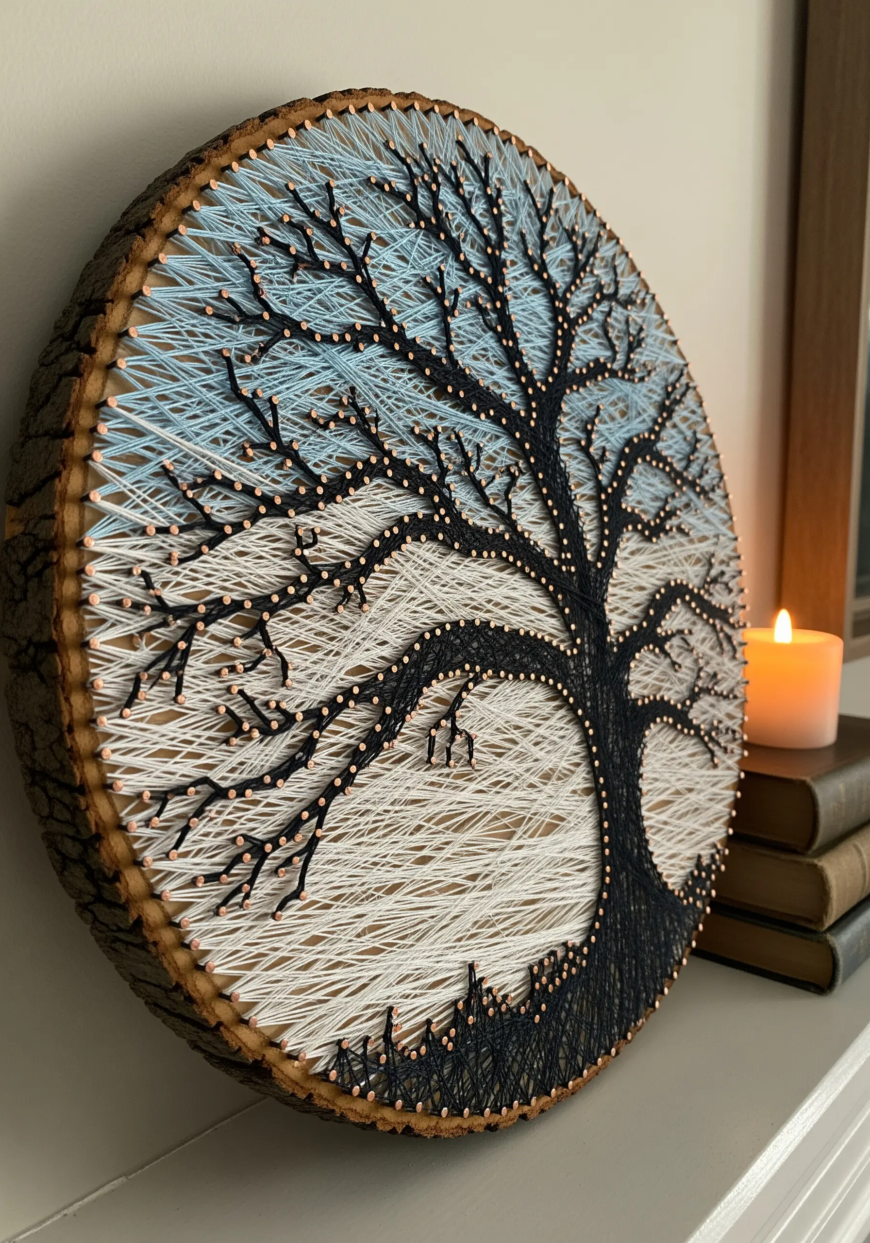 String art of a tree on a wood slice, using white and blue threads for the background.