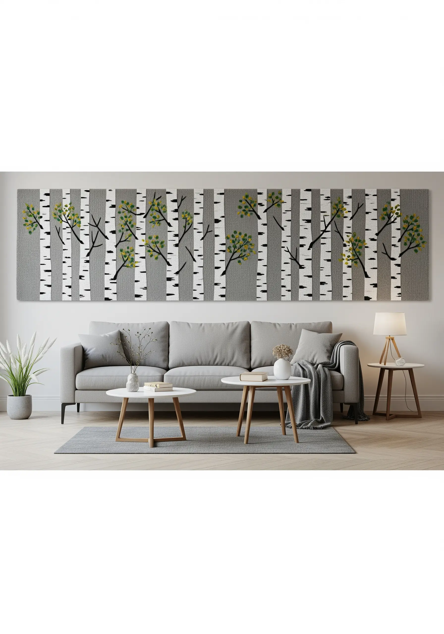 A long panoramic wall art piece depicting a forest of birch trees in a graphic style.