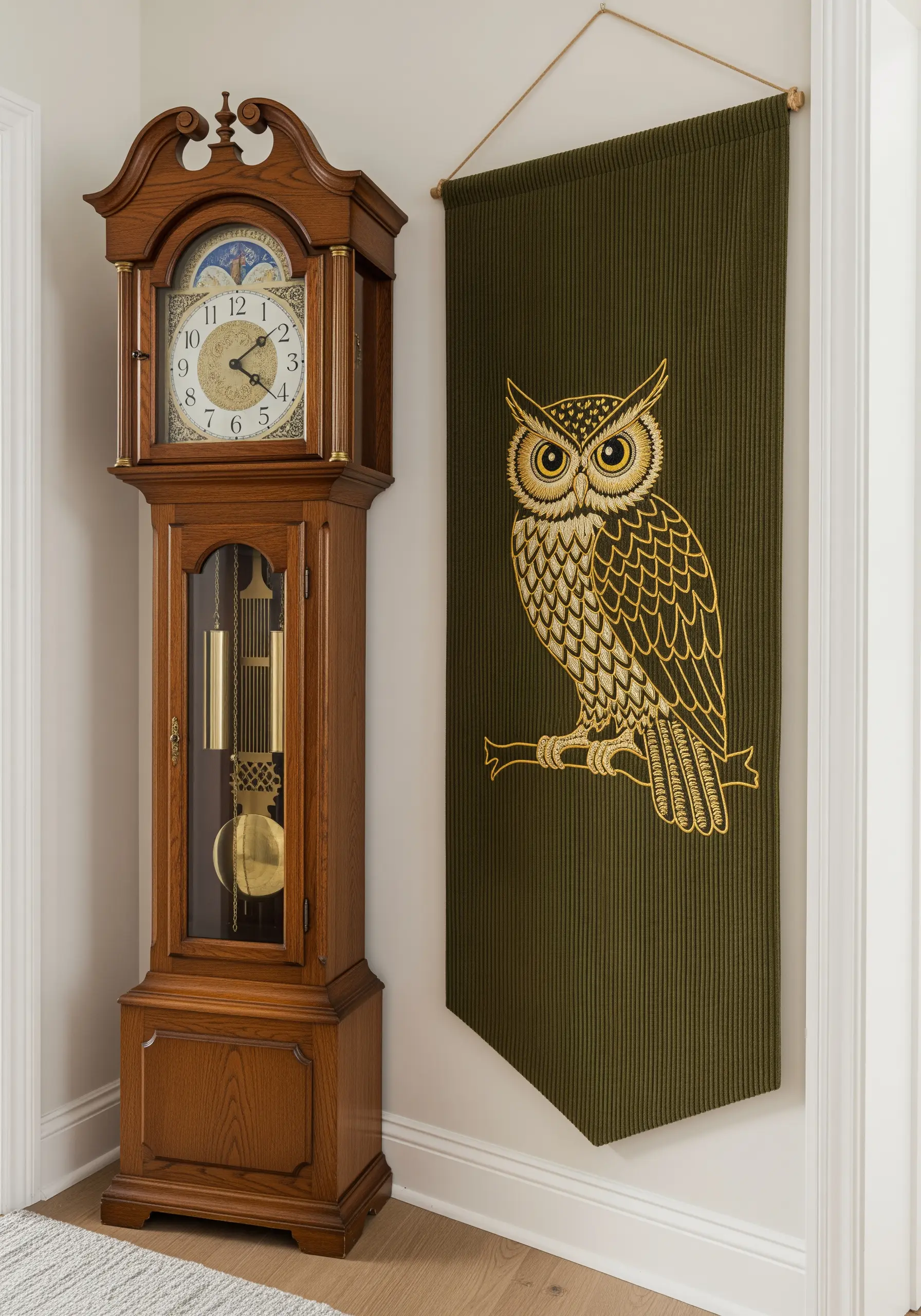 A graphic owl stitched in gold outline on a ribbed, dark olive green banner.
